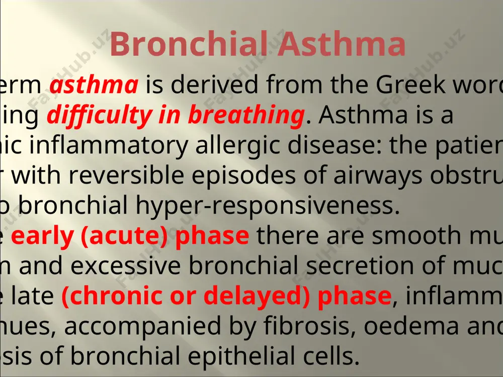 ronchospasm precipitated by uncompensated congestive heart failure. pathophysiology of asthma antigens (pollen and house-dust mites) sensitize patients by eliciting the production of ige type of antibodies, which remain either circulating in the blood or become attached to the mast cells of nasal or bronchial tissues and basophils. on re-exposure the same antigen, the resulting antigen- antibody reaction in the early phase causes degranulation of the lung mast cells and releasing of the powerful bronchoconstrictors: histamine, 5-ht, pgd2 and cysteinyl leucotriens (ltb4, ltc4 and ltd4). lung mast cells also release ils (il-4, il-5 and il-13). in the late (delayed) phase of asthma, these mediators activate additional inflammatory cells (eosinophils, basophils, and alveolar macrophages) which also release lts and ils. other mediators of inflammation, in delayed phase, are: adenosine (causing bronchconstriction), neuropeptides (sp, causing mucus secretion and increase in vascular permeability; neurokinin a, causing bronchoconstriction), paf etc. the normal tone of bronchial …