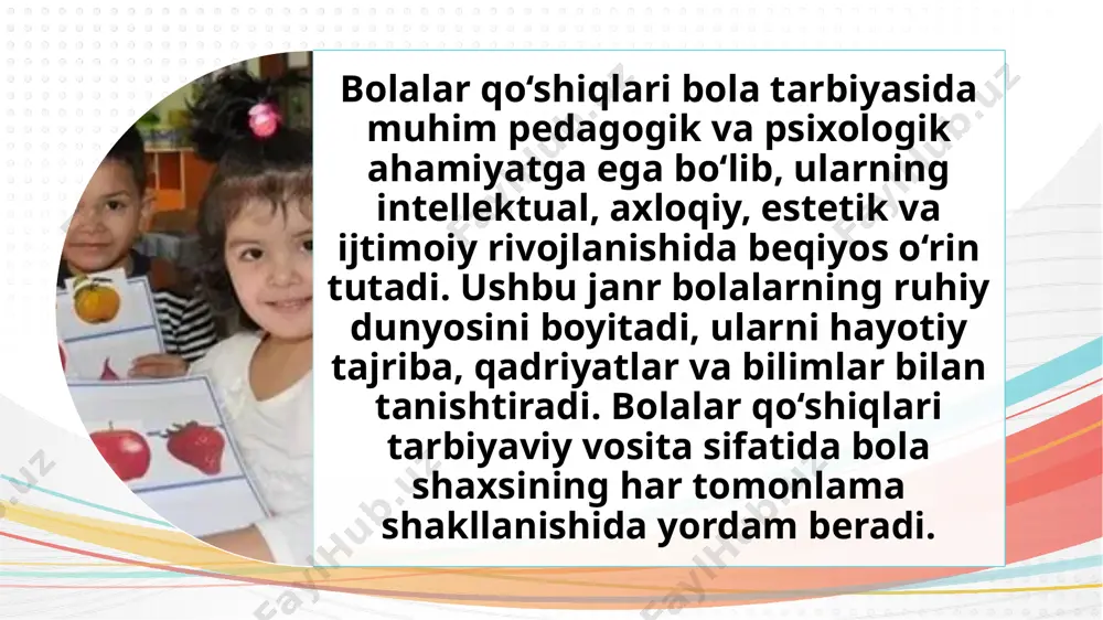 oyitadi, emotsional dunyosini barqarorlashtiradi va jismoniy rivojlanishini qo‘llab-quvvatlaydi. shuningdek, ular orqali milliy an’analar, urf-odatlar va qadriyatlar bolalarga yetkaziladi. bu esa bolalarning milliy o‘ziga xoslikni anglashi va hurmat qilishi uchun muhim zamin yaratadi. zamonaviy ta’lim jarayonida bolalar qo‘shiqlaridan samarali foydalanish nafaqat o‘quv jarayonining qiziqarli o‘tishini ta’minlaydi, balki bolalarning hayotga, tabiatga va atrof-muhitga bo‘lgan munosabatini shakllantiradi. shu sababli, bolalar qo‘shiqlari ta’lim-tarbiya jarayonida alohida e’tibor berilishi lozim bo‘lgan pedagogik vositalardan biri hisoblanadi. foydalanilgan adabiyotlar 1. karimova, n. (2018). bolalar qo‘shiqlari va ularning tarbiyaviy ahamiyati. toshkent: o‘qituvchi. 2. rasulov, a. (2019). musiqa darslari orqali tarbiya berish metodikasi. toshkent: ma’naviyat. 3. nazarova, m. (2020). bolalar tarbiyasida folklor vositalari. toshkent: fan va texnologiya. 4. vygotskiy, l. s. (2006). musiqa va psixologik ta’sir. moskva: pedagogika. 5. qosimova, r. (2021). qo‘shiqlar orqali bolalar tarbiyasi. toshkent: ilm ziyo. image3.png image4.png image5.png image11.png image12.png image13.png image14.png image1.png image2.png /docprops/thumbnail.jpeg