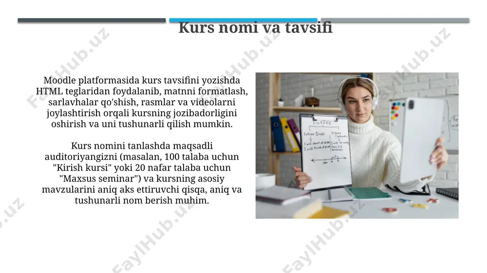 omalarni berishingiz mumkin. bu kontent xavfsizligini ta'minlaydi. qatnashchilarni qo'shish moodle-da 100 tagacha qatnashchini qo'shish uchun "qo'shish" tugmasini bosish va ularning elektron pochta manzillarini yoki foydalanuvchi nomlarini kiritish orqali ro'yxatdan o'tkazish mumkin. kursga 50 dan ortiq qatnashchini qo'shishda, csv fayl yordamida ommaviy import qilish ancha samarali bo'lib, vaqtni tejaydi va xatolar sonini kamaytiradi. kursni yakunlash kursni muvaffaqiyatli yakunlash uchun 5 ta topshiriqni topshirish va yakuniy imtihonda 60 balldan yuqori natija ko'rsatish kerak. bunda har bir topshiriqning vazni 15 balldan iborat. kursni yakunlash uchun talabalarga kamida 80% ball to'plash sharti qo'yilgan bo'lishi mumkin, shuningdek, barcha majburiy topshiriqlarni bajarish talab etiladi. yangi kurs yaratish moodle lms'da yangi kurs yaratishda siz 50 talik guruh yoki 10 dan ortiq individual talabalarni ro'yxatga olish va ularga o'quv materiallari va topshiriqlarni taqdim etish imkoniyatiga egasiz. yangi kurs yaratishda kurs nomi va qisqacha tavsifini (kamida 20 so'zdan iborat) kiritish, shuningdek, kursga kirish uchun maxsus kalit so'z yoki raqamli …