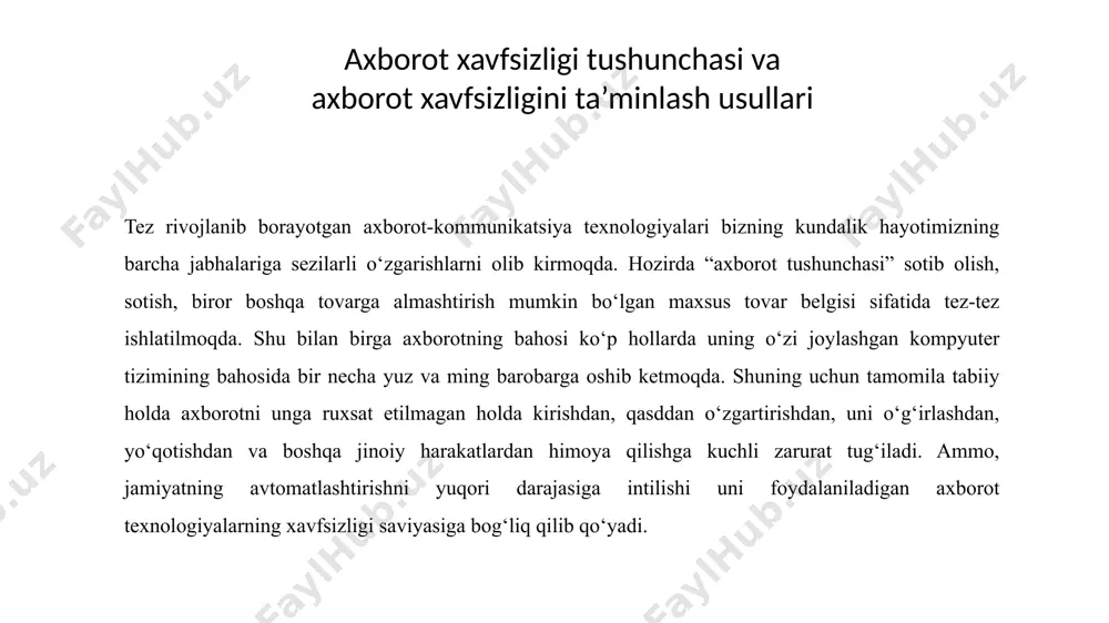 an jarayonlar orqali axborotdan foydalana olish boshqariladi. axborotni muhofaza qilish quyidagilarga yo‘naltirilgan: – axborot xavfsizligini ta’minlash bo‘yicha tahdidlarning oldini olish; – tizimli tahlil va nazorat orqali real va ehtimoli katta bo‘lgan tahdidlarni aniqlash va ularni o‘z vaqtida oldini olish choralari; – aniq tahdidlar va jinoiy harakatlarni aniqlash maqsadida tahdidlarni topish; – jinoiy harakatlarni bartaraf etish, shuningdek aniq jinoiy harakatlarni hamda tahdidlarni yo‘q qilish bo‘yicha choralar ko‘rish; – tahdid va jinoiy harakatlarning oqibatlarini yo‘q qilish va mavqeini saqlash axborotni himoyalashning maqsadlari quyidagilardan iborat: - axborotning kelishuvsiz chiqib ketishi, o‘g‘irlanishi, yo‘qotilishi, o‘zgartirilishi, soxtalashtirilishlarning oldini olish; - shaxs, jamiyat, davlat xavfsizliligiga bo‘lgan xavf – xatarning oldini olish; - axborotni yo‘q qilish, o‘zgartirish, soxtalashtirish, nusxa ko‘chirish, to‘siqlash bo‘yicha ruxsat etilmagan harakatlarning oldini olish; - hujjatlashtirilgan axborotning miqdori sifatida huquqiy tartibini ta’minlovchi, axborot zahirasi va axborot tizimiga har qanday noqonuniy aralashuvlarning oldini olish; - axborot tizimida mavjud bo‘lgan shaxsiy ma’lumotlarning shaxsiy maxfiyligini va konfidensialligini saqlovchi …