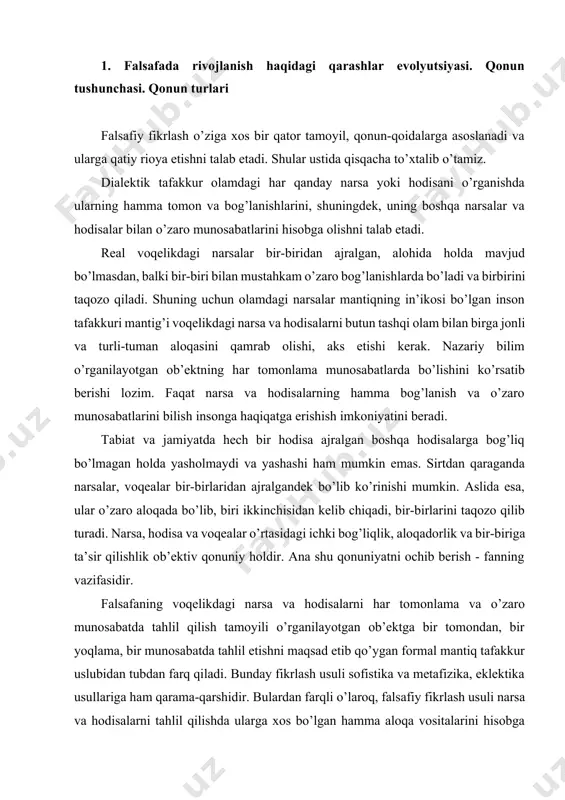 ir. falsafaning voqelikdagi narsa va hodisalarni har tomonlama va o’zaro munosabatda tahlil qilish tamoyili o’rganilayotgan ob’ektga bir tomondan, bir yoqlama, bir munosabatda tahlil etishni maqsad etib qo’ygan formal mantiq tafakkur uslubidan tubdan farq qiladi. bunday fikrlash usuli sofistika va metafizika, eklektika usullariga ham qarama-qarshidir. bulardan farqli o’laroq, falsafiy fikrlash usuli narsa va hodisalarni tahlil qilishda ularga xos bo’lgan hamma aloqa vositalarini hisobga olishni talab etadi. xuddi shunday yondashish olamni chuqur va atroflicha bilish va amaliy faoliyati muvafaqqiyatining shartidir. falsafiy fikrlash usuli olamdagi narsa va hodisalarni faqat o’zaro aloqada va bir-birini taqozo qilishda olib qaramasdan, balki harakatda, o’zgarishda va rivojlanishda qarashni talab qiladi. bu ham falsafaning muhim tamoyillaridan biri bo’lib hisoblanadi. u bevosita narsa va hodisalarning o’zaro aloqadorligi tamoyilidan kelib chiqadi. buning boisi shundaki, voqelikdagi barcha narsa va hodisalar o’zaro aloqadorligi, bog’lanishlari tufayli bir-biriga ta’sir qiladi va ularning xuddi shu o’zaro ta’siri harakatdir. tabiat va jamiyat hodisalarining o’zaro bog’liqligi va bir-biriga …