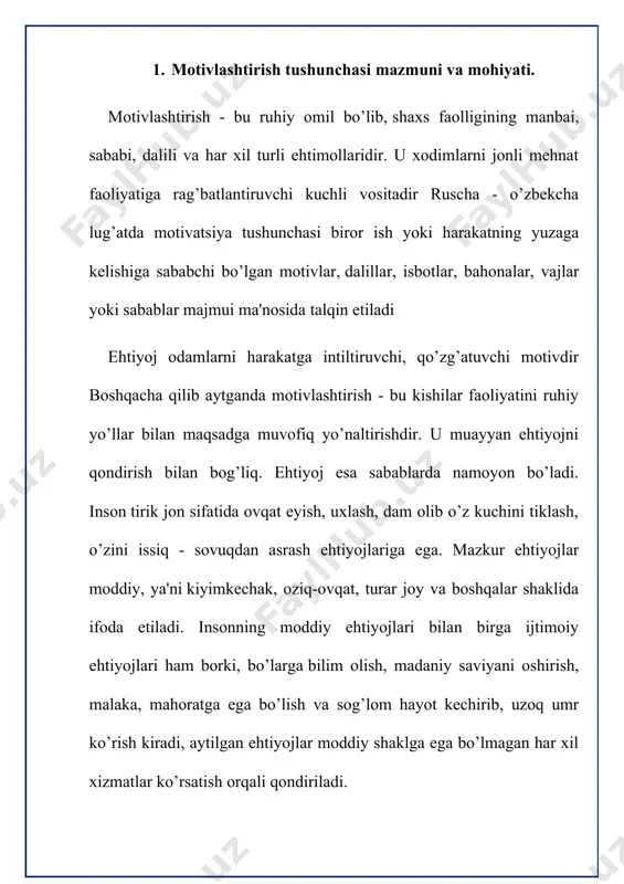 lari ijobiy tomonga ishlaydi. o‘zgalarga qanday yondoshilgan bo‘lsa, unga ham xuddi shunday yondoshilsa, bu holda xodim kuchiga kuch qo‘shib, mehnat qiladi. motivlashtirishda x (iks) va y (igrek) nazariyalari ham alohida o‘rinni tutadi. bu nazariyalarning muallifi amerikalik ruhshunos d.mak gregor bo‘lib, u boshqaruvchi va xodimlarning mehnatga bo‘lgan munosabatini ifodalaydi. x (iks) nazariyasi bo‘yicha ishchilar ishlashni xohlamaydi, javobgarlikdan qochadi, ular tabiatan yalqov, ishyoqmas bo‘ladilar. shu bois ularni doimo turtib, majburlab, nazorat qilib, jazo bilan qo‘rqitib turish kerak. shundagina ular korxona uchun yaxshi ishlaydilar. y (igrek) nazariyasida kishilarga ishonib, qobiliyatlarini rivojlantirib, ular o‘zlarining foydaliligi va muhimliklarini his qilishsa, ishdan qoniqish hosil qilishsa, shundagina korxonaga katta foyda keltirish mumkin deyiladi. bu nazariya xodimning o‘z mehnatidan qoniqish hosil qilishiga hamkorlik ko‘rsatuvchi: · xizmatlarning tan olinishi; · xizmatdagi o‘sishi; · malakasining oshishi; · mas’uliyatning yuqoriligi kabi omillarni motivatsiyaga da’vat etuvchi omillar deb talqin qiladi. bu nazariyaga binoan boshqaruvchi ko‘rsatma beribgina qolmay, har bir kishining qobiliyatini ishga …