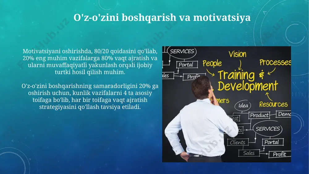 sh muhim, bu sizning professional rivojlanishingizni tezlashtiradi. o'zingizning kuchli va kuchsiz tomonlaringizni aniqlash orqali, kamida 2 ta potentsial ish joyini tahlil qilish va o'z malakangizni takomillashtirish orqali ishga joylashish imkoniyatini 2 barobar oshirishingiz mumkin. tarmoqlash va hamkorlik samarali tarmoqlash 30% gacha biznes rivojlanishini tezlashtirishi mumkin, chunki yangi aloqalar orqali yangi imkoniyatlar va loyihalar paydo bo'ladi. hamkorlikda kamida 2 ta turli ko'nikmalarga ega bo'lgan odamlar ishtirok etganda, sinergetik effekt yuzaga keladi va natijalar 50% gacha oshadi. ma'lumotlarni tahlil qilish va talqin qilish ma'lumotlar vizualizatsiyasi vositalaridan, masalan, gistogrammalar, chiziqli grafiklar va tarqalish diagrammalaridan foydalanish murakkab ma'lumotlarni tushunarli va aniq ko'rinishda taqdim etish imkonini beradi. ma'lumotlarni tahlil qilishda 80/20 qoidasidan foydalanish, ya'ni 80% natijalar 20% ma'lumotlarga bog'liq ekanligini hisobga olish, vaqtni samarali boshqarishga yordam beradi. muammo hal qilish va qaror qabul qilish muammo hal qilish jarayonida brainstorming texnikasidan foydalanish 10 dan ortiq g'oyalarni ishlab chiqishga imkon yaratib, ijodkorlikni oshiradi va eng yaxshi echimni …