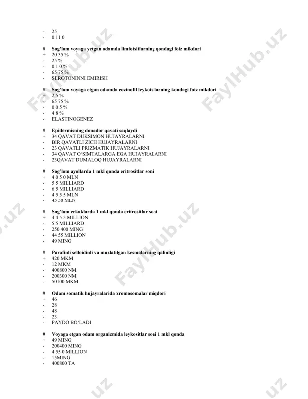 kibida anorganik moddalarning % miqdori + 70 - 30 - 60 - 80 - 85 # sog’lom odamlarda eritrositlarning o’rtacha diametri + 78 mkm - 815 mkm - 25 mkm - 1000 mkm - 0 70 8 mkm # eritrositlarning hayot muddati + 90120 kun - 1224 soat - 25 kun - butun hayot mobaynida - 1 hafta # meda osti bezining endokrin orolchalaridagi insulinga antogonist gormon ishlovchi hujayrani aniqlang + a hujayralar - d hujayralar - i hujayralar - p hujayralar - d1 hujayralar # suyak to’qimasining rivojlanishi qanday ataladi + osteogistogenez - osteomalyatsiya - 3osteoporoz - osteofibroz - melanotsit # eshituv /kortiy/ a'zosi pardali labirintning qaysi qismida joylashgan + eshituv yo’lida - chig’anoq kanalida - yumaloq qopchada - ellipsimon qopcha yoki bachadonchada - nog’ora narvonda # limfa suyuqligitarkibida eng ko‘p uchraydigan shaklli elementlar + limfotsitlar - monotsitlar - eritrotsitlar - granulotsitlar - yadrocha # soch ildizining qaysi qismi …