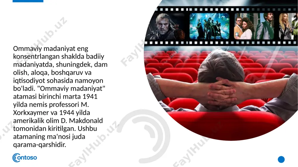 a ommaviy madaniyatning turli ta'riflari mavjud. ba'zilarida ommaviy madaniyat xx asrda yangi aloqa va reproduktiv tizimlarning (ommaviy matbuot va kitob nashr etish, audio va video yozuvlar, radio va televidenie, kserografiya, teleks va telefaks, sun'iy yo'ldosh aloqasi, kompyuter texnologiyalari) rivojlanishi bilan bog'liq. ilmiy-texnika inqilobi yutuqlari tufayli vujudga kelgan global axborot almashinuvi. ommaviy madaniyatning boshqa ta'riflarida uning sanoat va postindustrial jamiyatning yangi turdagi ijtimoiy tuzilishining rivojlanishi bilan bog'liqligi ta'kidlanadi, bu esa ishlab chiqarishni tashkil etish va radioeshittirish madaniyatining yangi usulini yaratishga olib keldi. ommaviy madaniyatning ikkinchi tushunchasi yanada to'liqroq va kengroqdir, chunki u nafaqat madaniy ijodning o'zgargan texnik va texnologik asoslarini o'z ichiga oladi, balki zamonaviy jamiyat madaniyatini o'zgartirishning ijtimoiy-tarixiy konteksti va tendentsiyalarini ham ko'rib chiqadi. 5 ommaviy madaniyat bu har kuni katta hajmda ishlab chiqariladigan mahsulot turi. bu 20-asrning madaniy hodisalari va ommaviy iste'molga mo'ljallangan zamonaviy sanoat jamiyatida madaniy qadriyatlarni ishlab chiqarish xususiyatlari to'plami. boshqacha qilib aytadigan bo'lsak, bu turli xil …