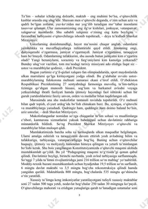 ‘proq taklif etib, barcha maktablarda sifatni oshirish zarur. yangi zamon kishisi, kelajagimiz bunyodkorlari maktabda tarbiyalanadi. ta’limsiz kelajak yo‘q, – dedi shavkat mirziyoyev. bu yerda dars beradigan o‘qituvchi va murabbiylarni xorijda o‘qitish, dunyodagi ilg‘or tajribalarni uyg‘unlashtirish bo‘yicha ko‘rsatmalar berildi. joriy yilning o‘tgan davrida institutda 4 ming 300 nafarga yaqin ta’lim muassasalari rahbarlari malaka oshirdi. shuningdek, 2 ming nafarga yaqin direktor va direktorlikka nomzodlar menejerlik kurslarida o‘qitildi. “uzluksiz kasbiy ta’lim” platformasi orqali darslarda 113 ming nafardan ortiq pedagoglar qatnashdi. singapur xalqaro ta’lim tashkiloti tomonidan 100 nafar maktab direktori, 200 nafar matematika va tabiiy fanlar o‘qituvchisi qayta tayyorlandi. institut tuzilmasida xalqaro tadqiqotlar markazi ham ish boshladi. umuman, mamlakatimizda maktabgacha va maktab ta’limi tashkilotlari rahbar, pedagog hamda mutaxassis kadrlarini qayta tayyorlash, malakasini oshirishning uzluksiz tizimi yo‘lga qo‘yiladi. 2025 yildan boshlab ular besh yilda bir marotaba ishdan ajralgan holda malaka oshiradi. bundan tashqari, umumiy o‘rta ta’lim muassasalarida “kasbiy rivojlanish soati” hamda “kasbiy rivojlanish kuni” joriy …