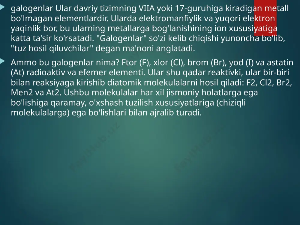 hadi: ftorning murakkab moddalar bilan o'zaro ta'siri ham juda kuchli. shunday qilib, u suvni oksidlaydi, reaktsiya esa portlovchi: erkin xlor ham juda reaktiv, garchi uning faoliyati ftorga qaraganda kamroq bo'lsa. u kislorod, azot va zo'r gazlar bundan mustasno, barcha oddiy moddalar bilan to'g'ridan-to'g'ri ta'sir qiladi, galogenlar jadvalning ettinchi guruhining asosiy kichik guruhida joylashgan elementlar davriy tizim, kimyoviy jihatdan eng faol metall bo'lmaganlardir. ularning atomlari oxirgi energiya darajasida bir xil miqdordagi elektronga ega -7, bu ularning kimyoviy xususiyatlarining o'xshashligini tushuntiradi. oddiy moddalar - metall bo'lmaganlarning fizik xususiyatlari har xil. demak, ftor, xlor gazsimon fazada, brom suyuqlik, yod esa qattiq holatga xosdir. guruhdagi galogenlarning faolligi atom yadrosi zaryadining ortishi bilan kamayadi, ftor galogenlar orasida eng reaktiv hisoblanadi. reaktivlikda faqat xalkogen guruhining bir qismi bo'lgan kislorod kiradi. suvli eritmalari kislotalar bo'lgan galogenlarning vodorod birikmalarining kuchi ftordan yodgacha ortadi, kam eriydigan tuzlarning eruvchanligi pasayadi. ftorning galogenlar orasidagi alohida o'rni uning suv bilan reaksiyaga kirishish …