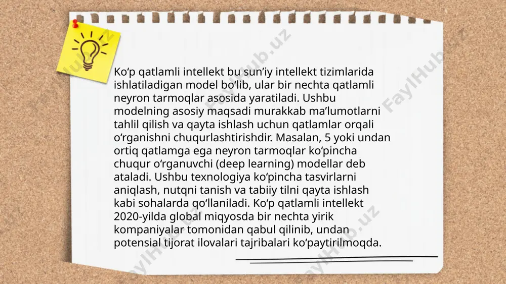 ni yengillashtiradi. jahon iqtisodiyotida sun'iy intellektni ishlatishdan kelib tushadigan foyda 2030-yilga borib 15,7 trillion aqsh dollariga etishi kutilmoqda. si texnologiyalari ta'lim va tibbiyotda ham innovatsion yondashuvlar yaratib, fanlararo integratsiyani kuchaytiradi. 2023-yilda dunyo bo'ylab sun'iy intellekt ishlatish bo'yicha yirik kompaniyalar soni 9% ga oshdi. bu yo'nalishdagi tadqiqotlar o'zbekistonda ham faol davom etmoqda. ... t.me/slaydai_bot analitik kreativlik ko'pincha bir-biriga yaqin bo'lmagan sohalar yoki tushunchalarni birlashtirishda qo'llaniladi. bu jarayon mantiqiy tahlil va ijodiy yondashuvning birlashuvi sifatida tavsiflanadi. shaxslar yoki guruhlar yangi g'oyalar yaratish yoki murakkab muammolarni hal qilish uchun analitik kreativlikdan foydalanadi. masalan, turli fanlardan keladigan qarashlarni birgalikda qo'llash orqali innovatsion yechimlar yaratish mumkin. analitik kreativlik odatda dizayn, muhandislik va marketing sohalarida katta rol o'ynaydi. ushbu qobiliyatni rivojlantirish uchun keng bilimlar va chuqur tahlil qilish ko'nikmalarini o'z ichiga olgan mashg'ulotlar o'tish tavsiya etiladi. ... t.me/slaydai_bot 13. sintetik kreativlik sintetik kreativlik — bu sun'iy intellekt va algoritmlar orqali yangi va original g'oyalar hamda ijodiy …
