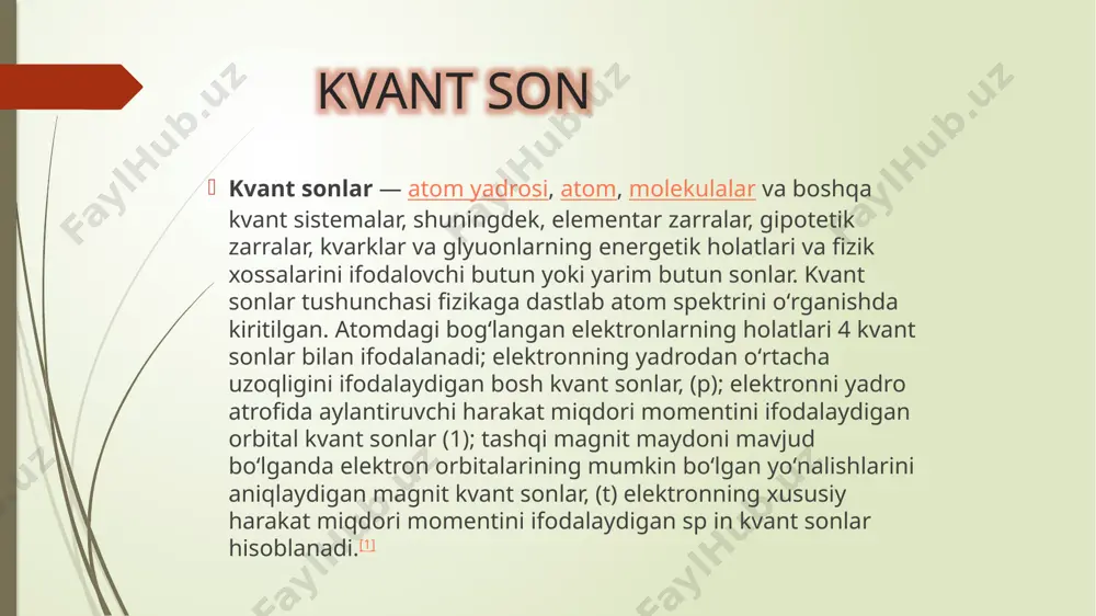 lgan. pauli prinsipi dastlab atomdagi elektronlar uchun, so’ngra yarim butun spinli zarralar (malekulalar, atomlar, atom yadrolari, elementar zarralar) uchun ifodalangan. atom elektronning holati, shu elektronning to’liq energiyasi, orbital va magnit momenti, elektron spini 4 ta kvant soni bilan aniqlanadi. pauli prinsipiga ko’ra, atom yadrosiga yaqin bo’lgan elektron qobiq (k-qobiq) da 2 elektron, undan keyingi qobiq (l-qobiq)da 8 elektron va h.k bo’ladi. pauli prinsipi mendeleyev davriy sistemasida joylashgan elementlarning atomlarida yopiq elektron qobiqlarning mavjudligini to’g’ri tushuntirib berdi; atom va molekula spektrlarini tushuntirishda boshlang’ich manba bo’ldi. pauli pirinsipi merndeleyev elementar davriy sistemasi mendeleyev davriy sistemasi, kimyoviy elementlar davriy sistemasi — d. i. mendeleyevning oʻzi kashf etgan davriy qonun asosida tuzgan elementlar davriy sistemasi, davriy qonunning grafik ifodasi. kimyoviy elementlar davriy sistemasi s. mavjud elementlarning hammasini bir butun qilib birlashtiradi, ular oʻrtasida obʼyektiv qonuniy aloqa borligini koʻrsatadi va hali maʼlum boʻlmagan elementlarni, ularning xossalarini oldindan aytishga imkon beradi. mendeleyevgacha ham kimyoviy elementlarni sistemaga …
