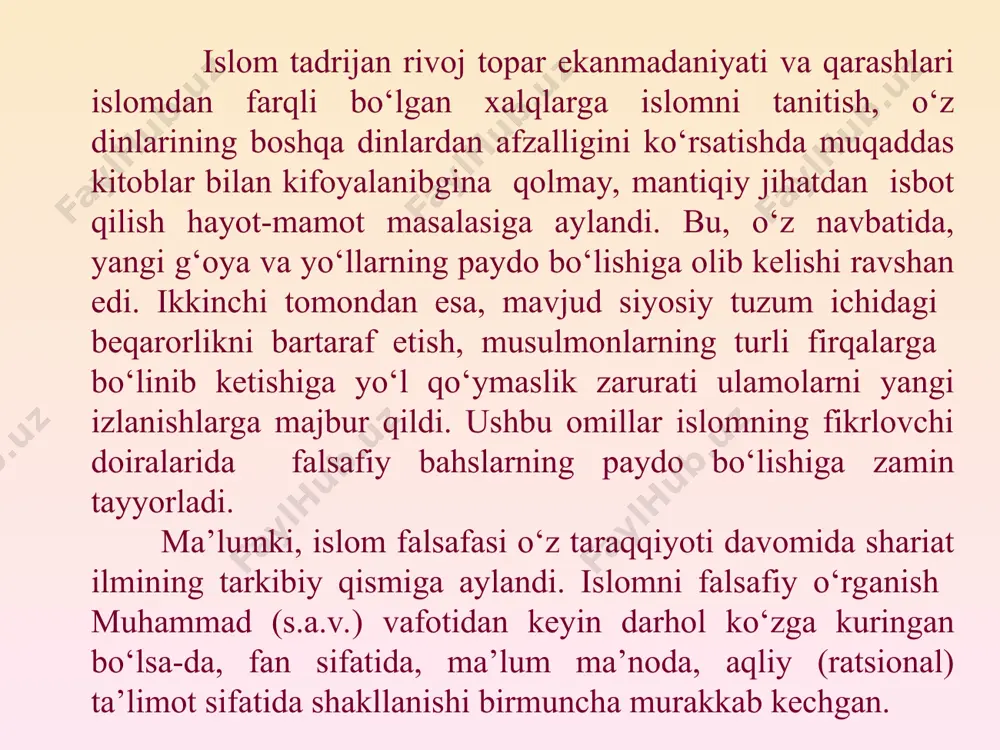 ti aql va tafakkurga emas, balki ilohiy ko‘rsatmalarga asoslangan bo‘lgani uchun islom dinining ilk davrlarida faqatgina qur’on va sunna ta’limoti bilan cheklanish shart sanalib, mantiq, falsafa, kalom kabi fanlardan foydalanish qat’iy ravishda taqiqlangan. shu ta’qiqlardan kelib chiqib, kalom ilmini tanqid qilgan mashhur shaxslarning so‘zlaridan iqtiboslar keltiramiz: abu hanifa (imom a’zam): «amr ibn ubaydni xudo ursin, -kalom ilmiga o‘sha eshik ochib berdi.» abu hanifaning bosh shogirdi abu yusuf: «falsafa ilmini o‘rganish, bilish-jaholat. uni bilmaslik ilm». molik ibn anas: «johillardan uzoq yuringiz. ular kim desangiz, ular allohning zoti va sifatlari haqida sukut saqlash o‘rniga o‘tmishda ajdodlarimiz aytmagan gaplarni gapiradiganlardir». imom shofiiy: «oxiratda allohning huzuriga shirkdan va falsafa ilmidan boshqa har qanday gunohlarim bilan borganim yaxshiroqdir». ahmad ibn hanbal: «falsafa ilmi bilan shug‘ullanuvchi odam hech qachon iqbolli bo‘lmas». falsafa ilmiga nisbatan ijobiy munosabatning shakllanishi. islom dini dunyoning ko‘p mamlakat va xalqlariga tarqalishi va islom mafkurasining turli noislomiy mafkuralar bilan to‘qnashuvi natijasida ularga raddiya …