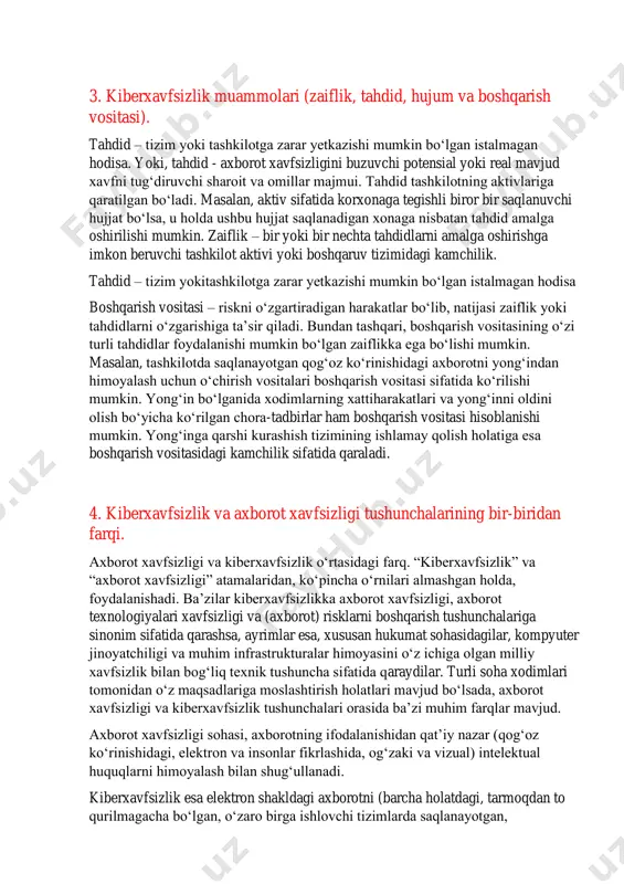 tida korxonaga tegishli biror bir saqlanuvchi hujjat bo‘lsa, u holda ushbu hujjat saqlanadigan xonaga nisbatan tahdid amalga oshirilishi mumkin. zaiflik – bir yoki bir nechta tahdidlarni amalga oshirishga imkon beruvchi tashkilot aktivi yoki boshqaruv tizimidagi kamchilik. tahdid – tizim yokitashkilotga zarar yetkazishi mumkin bo‘lgan istalmagan hodisa boshqarish vositasi – riskni o‘zgartiradigan harakatlar bo‘lib, natijasi zaiflik yoki tahdidlarni o‘zgarishiga ta’sir qiladi. bundan tashqari, boshqarish vositasining o‘zi turli tahdidlar foydalanishi mumkin bo‘lgan zaiflikka ega bo‘lishi mumkin. masalan, tashkilotda saqlanayotgan qog‘oz ko‘rinishidagi axborotni yong‘indan himoyalash uchun o‘chirish vositalari boshqarish vositasi sifatida ko‘rilishi mumkin. yong‘in bo‘lganida xodimlarning xattiharakatlari va yong‘inni oldini olish bo‘yicha ko‘rilgan chora-tadbirlar ham boshqarish vositasi hisoblanishi mumkin. yong‘inga qarshi kurashish tizimining ishlamay qolish holatiga esa boshqarish vositasidagi kamchilik sifatida qaraladi. 4. kiberxavfsizlik va axborot xavfsizligi tushunchalarining bir-biridan farqi. axborot xavfsizligi va kiberxavfsizlik o‘rtasidagi farq. “kiberxavfsizlik” va “axborot xavfsizligi” atamalaridan, ko‘pincha o‘rnilari almashgan holda, foydalanishadi. ba’zilar kiberxavfsizlikka axborot xavfsizligi, axborot texnologiyalari xavfsizligi …