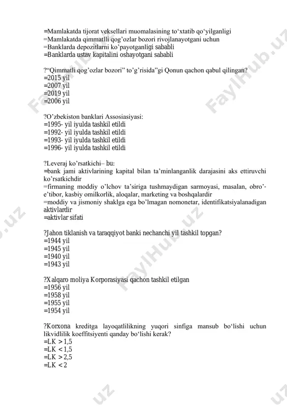 va boshqarish, bank kreditlash shartlari va uslublari, uni miqdoriy tartibga solish usullari, kredit uchun to‘lov olishlarni o‘z ichiga oluvchi xo‘jalik mexanizmining tarkibi elementi nima? =kredit mexanizmi =kreditlash tizimi =kreditlash tamoyillari =kreditlash usullari ?kreditlashning qaysi shaklida kredit uchun foiz uskunalar qabul qilib olingandan so‘ng amalga oshiriladi? =lizing =faktoring =forfeyting =kontokorrent ?kreditlashning qaysi shaklida mijozning joriy hisobraqami nafaqat saqlanadi, balki unda debetli qoldiq bo‘lishiga ruxsat etiladi? =overdraft =konsortsial kredit =kontokorrent =revolverli kredit ?kreditlashning qaysi shaklida tovar hujjatlari regress huquqi bilan sotib olinadi? =faktoring =lizing =forfeyting =kontokorrent ?qaysi koeffitsientlardan biri qarz oluvchining o‘z mablag‘lari bilan ta’minlanganlik darajasini ifodalaydi? =moliyaviy leveraj koeffitsienti =mijozlarning kreditga layoqatligini baholash koeffitsienti =tezkor likvidlilik koeffitsienti =joriy likvidlik koeffitsienti ?qaysi kredit turida qaytarish grafigi mavjud emas? =revolverli krediti =sinditsiyali =kontokorrent =lombard krediti ?qaysi hisobraqam saldosi debetli va kreditli bo‘lishi mumkin? =kontokorrent =overdraft =konsortsial kredit =ipoteka krediti ?moliya institutining, shu jumladan, bank, sug‘urta kompaniyasi qarz oluvchining bank oldidagi majburiyatlarini, u to‘lovga …