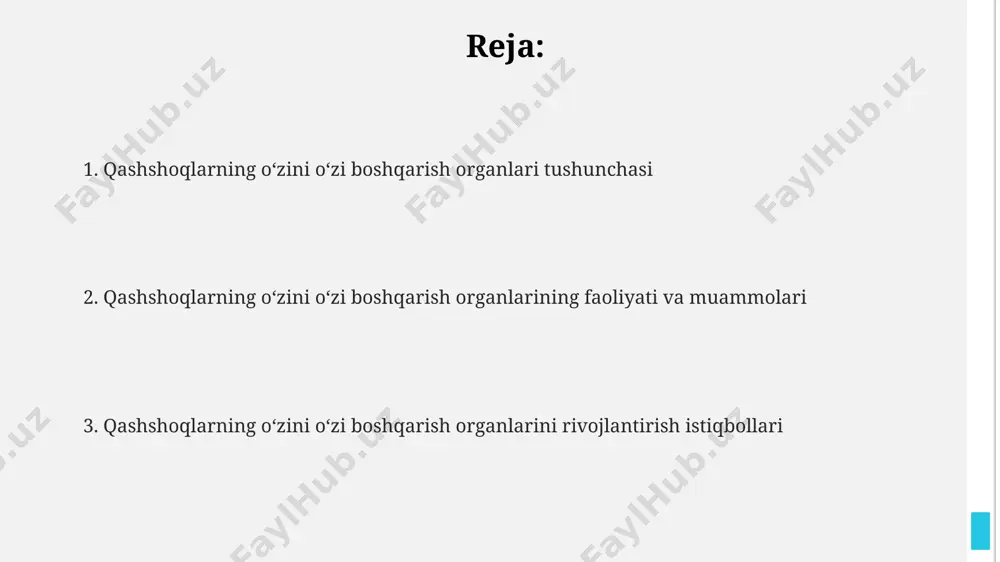 a majburiyatlarni o'z ichiga oladi. hududiy xususiyatlarni hisobga olgan holda, kamida 50 ta, ko'pi bilan 150 ta oiladan iborat bo'lgan guruhlarga bo'linish orqali samarali o'z-o'zini boshqarish tuzilmalari yaratishga erishiladi. xalqaro tajriba va eng yaxshi amaliyotlar бразилиядаги “participatory budgeting” модели 20 йилдан ортиқ вақт давомида амалиётда бўлиб, бюджет жараёнларига 1 миллиондан ортиқ фуқарони жалб қилган ҳолда, шаффофлик ва ҳисобдорликни оширишда самарали бўлган. индонезиянинг “banjar” жамоат бошқарув тизими, маҳаллий даражадаги муаммоларни ҳал этишда жамоавий иштирокчиликни кучайтириш орқали, қишлоқ жойлардаги қашшоқликни камайтиришда 15% гача ижобий натижа берган. жаҳон банкининг 2022 йилги ҳисоботида камбағал аҳоли ўзини ўзи бошқариш органлари самарадорлигини оширишда маҳаллий билимларни интеграция қилишнинг муҳимлигини таъкидлайди, бунда 70% гача самарадорлик ошиши кузатилган. muammolar va qiyinchiliklar korruptsiya va poraxo'rlik holatlari, tadqiqotlarga ko'ra, 20% dan ortiq holatlarda uchrab, aholi ishonchini yo'qotadi va qarorlar qabul qilish jarayonini buzadi. qashshoq aholi o'zini o'zi boshqarish organlarining samaradorligi pastligi, o'rtacha 30% atrofida, byudjet mablag'larining shaffof bo'lmagan taqsimlanishi bilan bog'liq. …