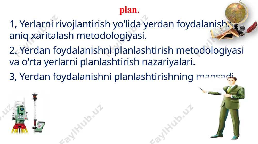 sini monitoring qilishning universal uslubiy yondashuvini ishlab chiqdilar. shu sababli, ushbu tadqiqotning asosiy maqsadi keng miqyosli xaritalash sharoitida urbanizatsiyalashgan hududlarda yerdan foydalanishni yuqori aniqlikdagi tahlil qilish uchun universal metodologiyani ishlab chiqish edi. usul geoaxborot vositalaridan, fotogrammetrik ma'lumotlardan (ortofoto xaritalar), shuningdek dala inventarizatsiyasi paytida olingan ma'lumotlardan (dala o'rganish va dala xaritasini o'z ichiga oladi) foydalanadi. taklif etilayotgan yondashuv yerdan foydalanish bo'yicha mavjud ma'lumotlar manbalarining cheklanishidan kelib chiqadigan qiyinchiliklarni kamaytirish bilan birga yerdan foydalanish shakllarini batafsil aniqlashga qaratilgan o'zgartirilgan mavjud yondashuvlarga asoslanadi. yerdan foydalanishning o‘z vaqtida va batafsil xaritalari yo‘qligi bilan bog‘liq muammolarni hal qilish uchun mualliflar yerdan foydalanish tuzilmasini monitoring qilishning universal uslubiy yondashuvini taklif qildilar. shunday qilib, ushbu tadqiqotning asosiy maqsadi keng miqyosli xaritalash kontekstida urbanizatsiyalashgan hududlarda erdan foydalanishni yuqori aniqlikdagi tahlil qilish uchun universal metodologiyani ishlab chiqish edi. usul geoaxborot vositalaridan, fotogrammetrik ma'lumotlardan (ortofoto xaritalar), shuningdek dala inventarizatsiyasi paytida olingan ma'lumotlardan (dala o'rganish va dala xaritasini o'z ichiga oladi) …