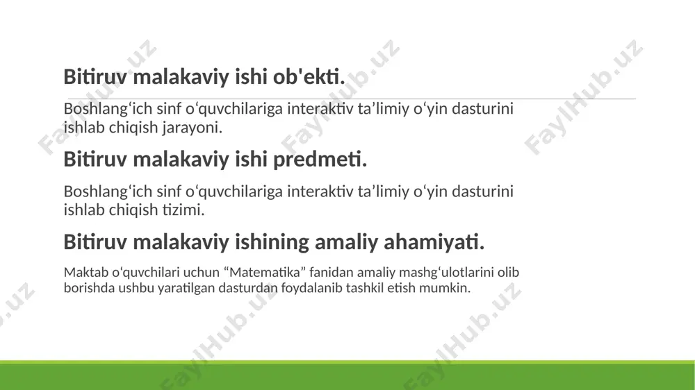 amaliy ahamiyati keltirilgan. xulosa o‘rnida shuni aytish mumkinki, interaktiv ta’limiy o‘yin dasturini ishlab chiqish orqali yosh avlodning kompyuterdan to‘g‘ri foydalanish va xisoblashdagi faolligini oshirishga erishish mumkin bo‘ladi. kelgusida yanada qiziqarli interaktiv ta’limiy o‘yin dasturlarini ishlab chiqishni oldimga maqsad qildim. e’tiboringiz uchun raxmat! image1.png image2.jpeg image3.png image4.png /docprops/thumbnail.jpeg
