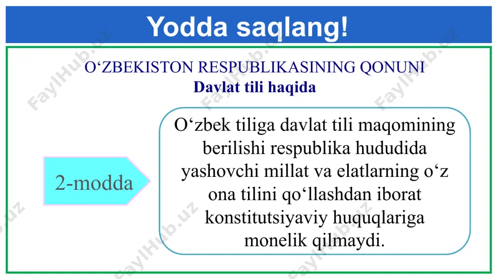 ekiston respublikasida yashovchi shaxslar, o‘z millatidan qat’i nazar, o‘z ismini, ota ismi va familiyasini milliy-tarixiy an’analarga muvofiq yozish huquqiga egadirlar mustaqil bajarish uchun topshiriq 10-mashq. o‘zbekiston respubli kasi “davlat tili haqida”gi qonunining quyidagi moddasiga diqqat qiling: 6-modda. televideniye va radioeshittirishlari davlat tilida, shuningdek, boshqa tillarda olib boriladi.
