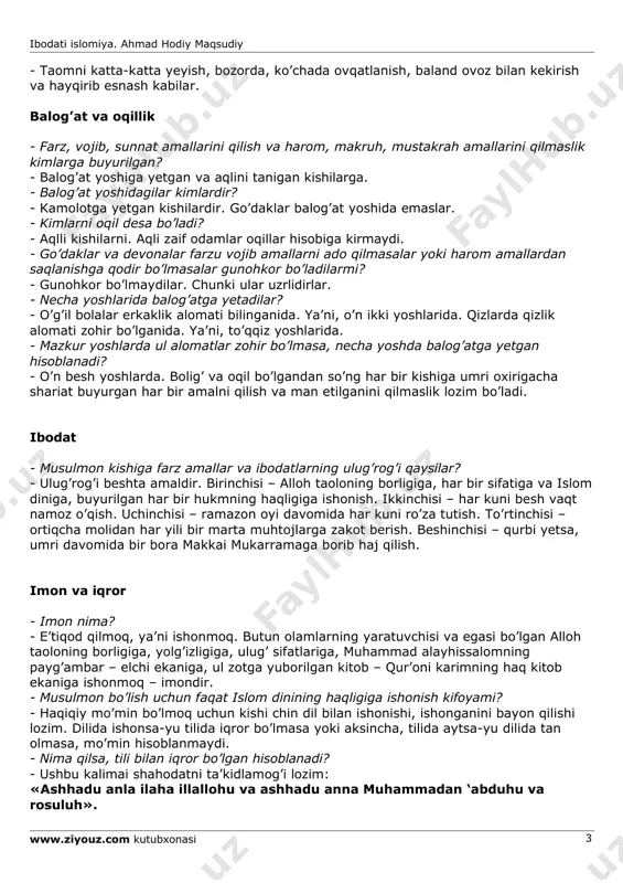 , deguvchilar kofir va imonsiz hisoblanadi. · qanday ishlar harom qilingan? · nohaq odam o’ldirish, odamzotga va hayvonotga zulm qilish, g’iybat qilish, o’g’irlik, yolg’onchilik, aroqxo’rlik va zinokorlik kabi ishlar. · makruh qanday amal? · makruh islom dini ta’qiqlagan amal. makruhni qilmagan kishi savobga qoladi, qilgan kishi esa azoblanishi mumkin. uni qilgan kishi kofir bo’lmasa-da, gunohga botadi. · makruh amali nimalarda ko’rinadi? · masjidga tuflash, (fahsh) nag’malarga quloq solish, odobsiz she’rlarni kuylab hofizlik qilish, odamlar ichida masxarabozlik qilish, uyatsiz she’rlarni bitish kabilar makruh amallardir. · mustakrah qanday amal? · mustakrah shunday amalki, uni qilgandan ko’ra qilmagan yaxshiroqdir. qilgan kishi gunohkor sanalmasa-da, odobsiz bo’ladi. qiyomatda azobga qolishi mumkin. · mustakrahga qanday amallar kiradi? · taomni katta-katta yeyish, bozorda, ko’chada ovqatlanish, baland ovoz bilan kekirish va hayqirib esnash kabilar. balog’at va oqillik · farz, vojib, sunnat amallarini qilish va harom, makruh, mustakrah amallarini qilmaslik kimlarga buyurilgan? · balog’at yoshiga yetgan va aqlini tanigan …