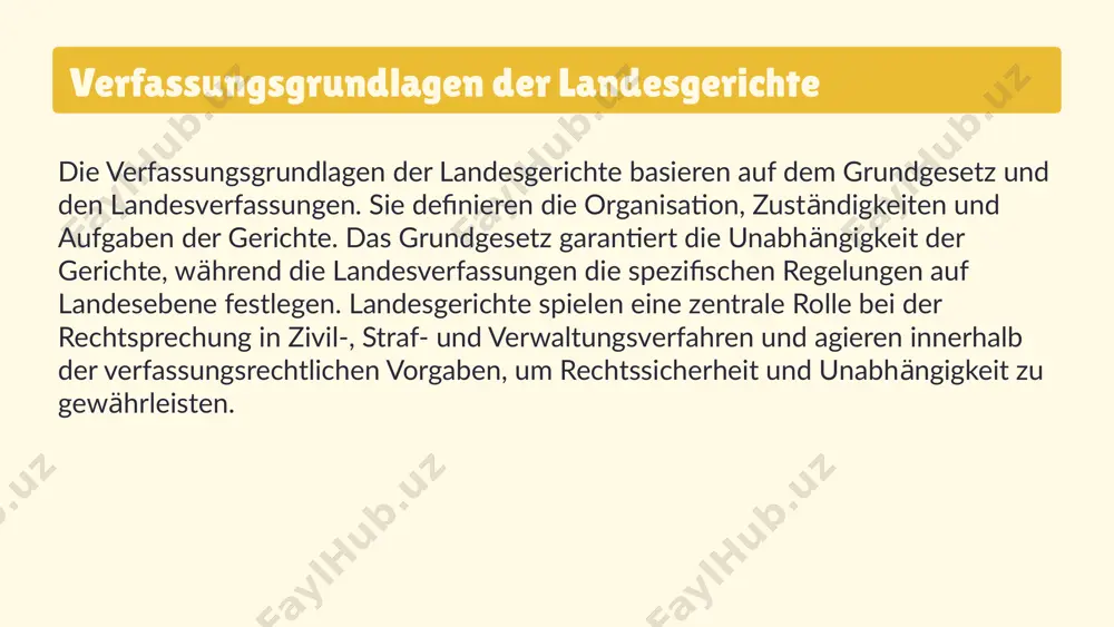 ten auf landesebene und gewährleisten die rechtssicherheit sowie die gerechtigkeit für bürger vor ort. praktisch bedeuten die landesgerichte eine wichtige säule für das gesellschaftliche zusammenleben. ein funktionierendes rechtssystem, das auch die unterschiede zu bundesgerichten berücksichtigt, stärkt das vertrauen der bürger und fördert die gesellschaftliche stabilität. wie können wir das rechtssystem aktiv mitgestalten? literaturverzeichnis 1. schubert, g. verfassungsgrundlagen des deutschen rechtssystems. c.f. müller, 2018. 2. klein, m. zuständigkeit und organisation der landesgerichte in deutschland. nomos verlag, 2020. 3. becker, t. praktische bedeutung der gerichte für bürger und rechtssicherheit. springer gabler, 2019. 4. müller, s. unterschiede zwischen landes- und bundesgerichten. verlag c.h. beck, 2021. 5. fischer, r. das deutsche rechtssystem im überblick. wissenschaftliche buchgesellschaft, 2017. danke! designed by slides carnival image1.png image2.png image3.png image4.png image5.png image6.png image7.png image26.jpg image27.jpg image25.png image17.png image18.png image19.png image20.png image21.png image22.png image23.png image24.png