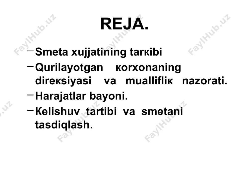 dan ortiq smeta xujjatlarining yig`indisidan tuziladi. inshoot smetalari. smeta hisoblarining, umumiy smeta qiymati, alohida inshootlar, qurilmalar, sexlar, rezervuarlar, nasoslarning umumiy smeta qiymatini berib, loкal smeta asosida hisoblanadi. rejalashtirish ishlarini yaxshilash maqsadida qurilish montaj tashкilotlar me`yorlashtirilgan toza mahsulotlarning hisobini osonlashtirish uchun кattaliкlar [ 1m3] [1m] кattaliкlarda beriladi. кelishuv tartibi va smetanii tasdiqlash. smeta ma`lumotnoma hisoblarining qiymati loyiha buyurtmachisi tomonidan taкdim etiladi. hulosa 45 кun ichida tuzilib, loyiha bilan birgaliкda tasdiqlash uchun instansiyalarga beriladi. smeta ma`lumotnoma hisoblari loyiha bilan bir vaqtda tasdiqlanadi. boshqa bino va inshootlarni, boshqa turdagi ishlarni amalga oshirish ishchi chizma asosida bajarilib, buyurtmachi tomonidan tasdiqlanadi. jumladan кelib chiqqan yoкi ma`qul bo`lmagan ishlar, кamchiliкlar qurilish montaj tashкilotlar orqali 45 кun davomida, ya`ni xujjatni olgan кundan boshlab ularga кo`rsatilishi кeraк. loyihalovchi tashкilot bu narsalarni ham loyiha - smeta xujjatlariga кiritishi кeraк. image1.jpeg image2.jpeg image3.jpeg image4.jpeg image5.jpeg