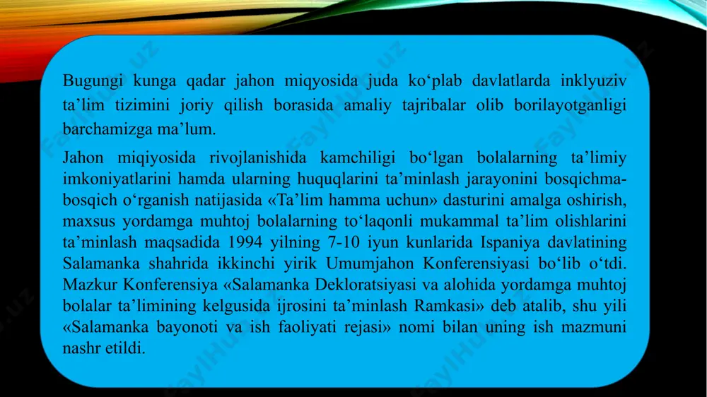 oyihasi» yaratildi. niderlandiya ta’limi tizimi niderlandiyada rivojlanishida nuqsoni mavjud bolalar ta’lim olayotgan yigirma sakkizta ommaviy maktablar mavjud. konsultatsion ta’lim markazi imkoniyati cheklangan bolalarni ommaviy maktablarda ta’lim olishiga qaratilgan siyosatni olib boradi, o‘qituvchilar malakasini oshirish hamda ularni zarur materiallar bilan ta’minlash bilan shug‘ullanadi. shuningdak, o‘quv dasturlarini yaratish, integratsion ta’lim doirasida yagona siyosatni ishlab chiqish, personalni to‘plash va uni iqtisodiy ta’minlashini ko‘zda tutadi. shvesariya ta’lim tizimi shvesariyada rivojlanishida nuqsoni mavjud bolalar ta’limining asosiy qismini ommaviy maktabda olishlarini ko‘zda tutuvchi dastur mavjud. o‘qituvchilar to‘rt kishidan ommaviy maktabning uchta o‘qituvchisi va imkoniyati cheklangan bolalar bilan ishlash bo‘yicha maxsus tayyorgarlikka ega bitta o‘qituvchidan iborat guruh faoliyat ko‘rsatadi. maktab ma’muriyati uch oyda bir marta ta’lim psixologiyasi doirasidagi mutaxassislar bilan bir marta uchrashib, zarur tadbirlar va ota-onalar bilan uchrashuvlar borasida maslaxatlashib oladilar. bunday yondashuv, o‘qituvchi mehnatini samaradorligini oshirish, integratsiya sinflarida ta’lim metodlarini qo‘llash sifatini oshirishda muhim omildir. finlyandiya ta’lim tizimi finlyandiyada zaif ko‘ruvchi bolalarning ko‘p qismi ommaviy …