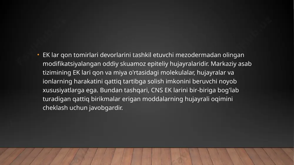 muhim belgilovchilari alohida ahamiyatga ega. ushbu mexanizm markaziy asab tizimining kasalliklarini davolash uchun foydali bo'lgan dori vositalarining tarqalishini cheklashi mumkin bo'lgan muhim to'siq sifatida qaraladi. retseptor vositachiligidagi transsitoz (rmt) makromolekulalarni tanlab olish imkonini beradi. miya eclarida insulin retseptorlari, transferrin retseptorlari va lipoproteinlarni tashish retseptorlari kabi maxsus molekulalarni qabul qilish uchun retseptorlari mavjud. selektiv molekulalar klatrin bilan qoplangan chuqurchalar, plazma membranasining ixtisoslashgan joylaridagi retseptorlari bilan bog'lanadi. bu qoplangan chuqurchalar sitoplazmaga kirib, erkin siqilib, qoplangan pufakchalarni hosil qiladi. endosomaning kislotalanishi tugallangandan so'ng ligand retseptordan ajralib chiqishi va membrananing boshqa tomoniga o'tishi mumkin. adsorbtiv vositachi transsitoz (amt), shuningdek, pinotsitoz deb ham ataladi, musbat zaryadlangan oqsil va plazma membranasining manfiy zaryadlangan yuzasi o'rtasidagi o'zaro ta'sir natijasida yuzaga keladi. aslini olganda, katyonik molekulalar endotelial hujayralarning luminal yuzasiga bog'lanishi va keyinchalik abluminal sirtda ekzotsitozga tushishi mumkin. miya endotelial hujayralarida yuqori mitoxondriyal tarkib molekulalarning endotelial sitoplazma bo'ylab harakatlanishi uchun zarur vositalarni ta'minlaydi hujayra vositachiligidagi transtsitoz (cmt) patogenning …