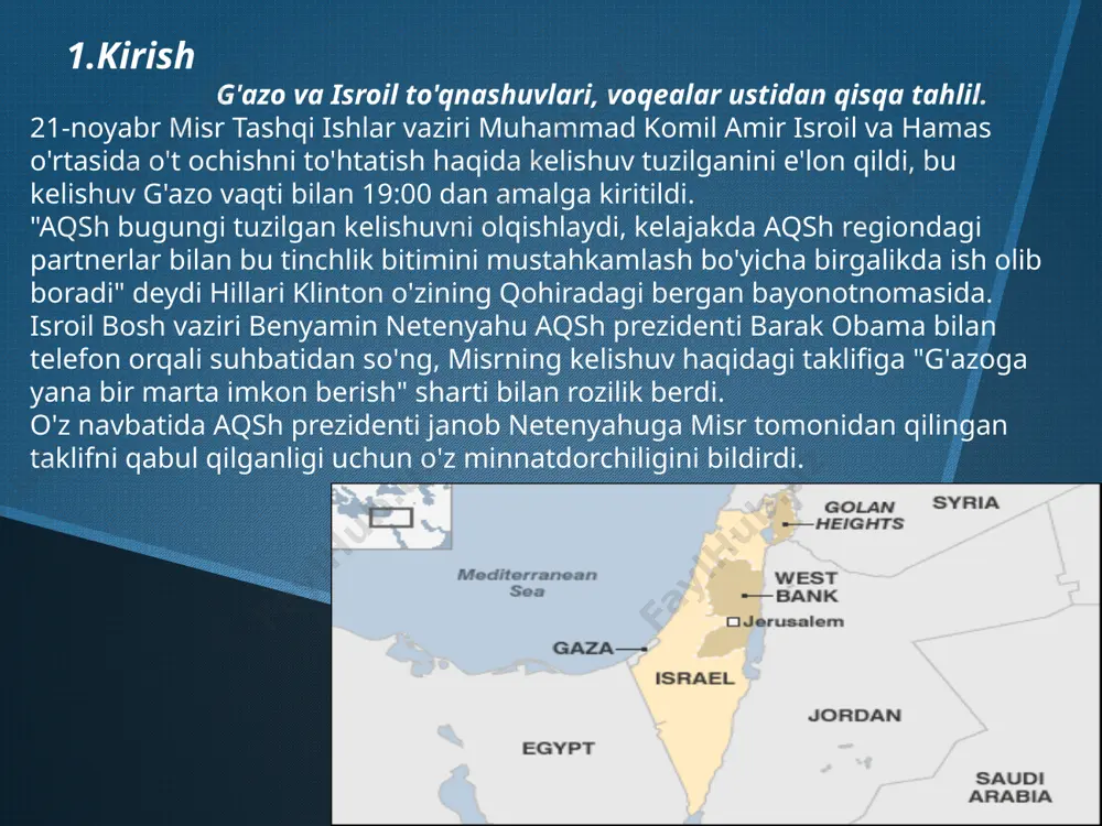 anmasdan muzokaralar olib bora oladigan bo'ladi. isroilning pozitsiyasi ham radikal guruhlarning kamayishi bilan yumshashi va falastin bilan birgalikda ma'lum iqtisodiy zonalar yaratish uchun sionistik ideologiylaridan cheklanishi mumkin. www.arxiv.uz alan grinspin, jon makkeyn, jorj bush, sara polin va boshqa siyosatchi, yuqori mansabli davlat amaldorlariga ko`ra iroqdagi urush haqiqatda neft uchun edi. dik cheyni 11-sentyabr voqealaridan keyin iroq neft konlarini birinchi darajadagi milliy masala darajasiga ko`tardi. “the sunday” shunday yozadi: “9/11 dan 5 oy oldin aqsh iroq neft konlarini nazoratga olish maqsadida… iroqqa qarshi targ`ibot amallarini boshladi…” fransuz maxfiy xizmatiga ko`ra afg`on urushi 9/11 dan ancha oldin rejalashtirilgan. aqshning maqsadi afg`oniston orqali quvurlarda markaziy osiyodan neftni oson va arzon transport qilish edi. 11-sentyabrdan ozgina oldin aqsh tolibon hukumatiga tanlash uchun ikki yo`l taklif qildi: vashington manfaatlarini himoya qilish va ko`plab madadga ega bo`lish yoki aqshning afg`on hududiga kirishiga qarshilik qilish va bombalar yomg`iri ostida qolish. kongresmen ed merkey shunday degan edi: “biz …