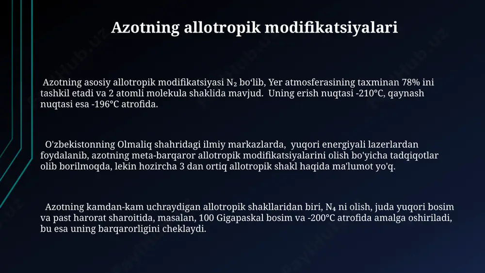ekiston kabi qishloq xoʻjaligi rivojlangan davlatlar uchun yangi texnologiyalarni joriy etish zarurligini koʻrsatadi. oʻzbekistonda ammoniy sulfat ishlab chiqarish hajmini 2025-yilga kelib ikki barobarga oshirish rejalashtirilgan boʻlib, bu mamlakatning azotli oʻgʻitlarga boʻlgan ichki talabini qondirishga yordam beradi. azotning sanoatda qo'llanilishi suyuq azot, -196°c da qaynaydigan kriogen suyuqlik sifatida, tibbiyot va oziq-ovqat sanoatida muzlatish va saqlash jarayonlarida, masalan, samarqanddagi muzlatgichlarda, keng qo'llaniladi. azot, 78% ni tashkil etadigan atmosfera tarkibiy qismi sifatida, metallurgiya sanoatida, masalan, po'lat ishlab chiqarishda, qizdirilgan pechlarda inert muhit yaratish uchun keng qo'llaniladi. ammiak ishlab chiqarishda, azotning muhim roli bor, chunki ammiak o'g'itlar, portlovchi moddalar va boshqa kimyoviy mahsulotlar ishlab chiqarishda, masalan, farg'ona vodiysidagi kimyo zavodlarida, asosiy xomashyo hisoblanadi. tadqiqotlar va istiqbollar jahon bo'yicha 50 dan ortiq ilmiy markaz azot birikmalarining yangi sintez usullarini o'rganmoqda, bu esa 2030-yilga kelib yangi avlod ekologik toza o'g'itlarini yaratishga imkon beradi. o'zbekiston fanlar akademiyasi kimyogarlari tomonidan olib borilgan tadqiqotlar natijasida azot oksidlarini 30% ga …