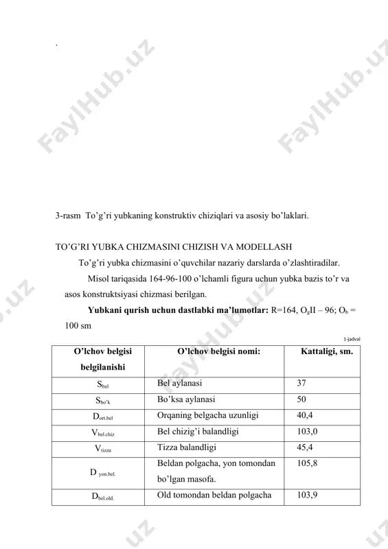 = 0,5 x 40,4 20,2 tn vertikal bo’yicha pastga tn = dbel.tizza + pdbel.tizza = 57,6+(-2,6) = 57,6 – 2,6 55,0 bb1 gorizontal bo’yicha o’ngga bb1 = sbo’k + pbo’k = 50,0+2,0 52 bb2 gorizontal bo’yicha o’ngga bb2 = 0,5 (sbo’k +pbo’k ) – 1,0 = 26 – 1,0 25,0 bb3 gorizontal bo’yicha o’ngga bb3= 0,4 bb2 = 0,4 x 25,0 10,0 b1b4 gorizontal bo’yicha chapga b1b4 = 0,4 b1 b2 = 0,4 x 27,0 10,8 t2t20 vertikali bo’yicha yuqoriga t2t20 = dort.bel – vbel.chiz = 103,9 – 103,0 0,9 (v = (sbo’k +pbo’k) – (sbel + pbel) = 52,0-38,0 14 ort vitochkaning kattaligi = 0,35 (v yon vitochka kattaligi = 0,15 (v t30 t33 vertikal bo’yicha pastga ort vitochka uzunligi = 16,0 16,0 t20 t23 vertikal bo’yicha pastga yon vitochka uzunligi = 19,0 19,0 t40 t43 vertikal bo’yicha pastga old vitochka uzunligi = 11,0 11,0 t30t31=t30t32 gorizontal bo’yicha o’ng …