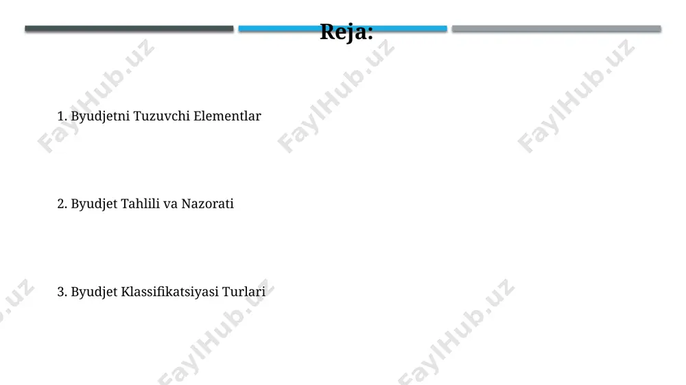 nksiya boʻyicha guruhlashni oʻz ichiga oladi. davlat byudjeti klassifikatsiyasi, har bir iqtisodiy faoliyat turi boʻyicha 50 dan ortiq iqtisodiy kodlari boʻyicha davlat xarajatlarini aniq va tizimli tarzda tasniflash imkonini beradi. byudjet taqsimoti usullari kapital byudjetlashda, 5 yillik investitsiya rejasi doirasida, loyihalarni rentabellik ko‘rsatkichi (irr) va to‘lov muddati (payback period) kabi mezonlar asosida baholash va sarmoya kiritish maqsadga muvofiq. byudjetni funksiyalar bo‘yicha taqsimlashda 3 ta asosiy toifaga (ma’muriy, iqtisodiy, ijtimoiy) bo‘linishi va har bir toifa uchun alohida mablag‘ ajratilishi samaradorlikni oshiradi. byudjet rejalashtirish jarayoni byudjet rejalashtirish jarayoni, odatda, 3 bosqichdan iborat bo'lib, har bir bosqich o'rtacha 2-3 hafta davom etadi va strategik rejalashtirish bilan chambarchas bog'liq. davlat byudjeti rejalashtirilganda, kamida 5 yillik istiqbolni o'z ichiga olgan o'rta muddatli prognozlar hisobga olinadi va inflyatsiya koeffitsiyenti qo'llaniladi. institusional klassifikatsiya institutsional klassifikatsiya, byudjet mablag'larining manbasini aniqlashda, 10% dan ortiq bo'lgan xarajatlarni taqsimlashda muhim rol o'ynaydi. ta'lim, sog'liqni saqlash va mudofaa kabi funktsional sohalarga ajratishdan …