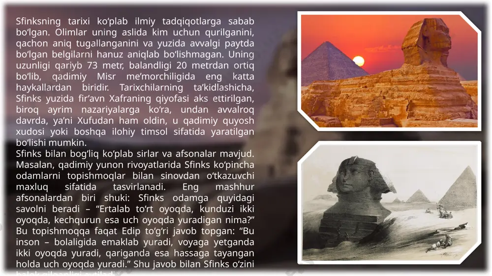 a qal’asi sifatida barpo etilgan, keyinchalik esa saroy va bog‘lar majmuasiga aylangan. uning devorlari, zallari va hovlilari qur’on oyatlari, arab yozuvlari, nozik naqshlar va geometrik ornamentlar bilan bezatilgan. saroyning ichki qismi shu qadar mukammal ishlanganki, olimlar uni “hovlida musiqa yangrayotgandek” deb ta’riflashadi. har bir ustun, kamar va panjara nafis o‘yma naqshlari bilan bezalgan bo‘lib, ular islom san’atining mukammal estetikasini namoyon qiladi. al-hamraning eng mashhur qismlaridan biri – arslonlar hovlisidir. bu hovlining markazida o‘n ikki sher haykalidan iborat favvora joylashgan bo‘lib, u kuch va hokimiyat ramzi sifatida talqin qilingan. shuningdek, “qasr al-kubro”, “generalife bog‘lari” kabi qismi ham o‘zining go‘zalligi bilan mashhur. al-hamra saroyi keyinchalik ko‘plab afsonalarga ham sabab bo‘lgan. rivoyatlarga ko‘ra, saroy devorlari ichida nasriylar xazinasining bir qismi yashirincha ko‘milgan, biroq uni hech kim topa olmagan. boshqa bir afsonaga ko‘ra, saroy tungi payt hamon sobiq malikalar va sultonlarning ruhi bilan yashaydi, ba’zi sayyohlar kechalari eshiklar o‘z-o‘zidan ochilganini yoki g‘alati tovushlarni eshitganini …