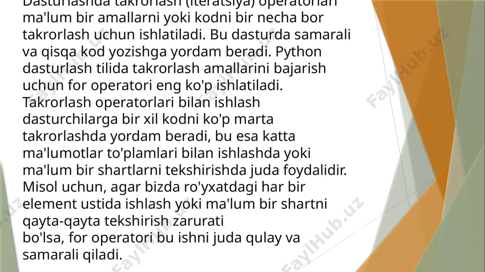 vgan meva: {fruit}") bu misolda, print(f"men sevgan meva: {fruit}") kod bloki har bir element uchun qayta ishlanadi. 4. else bloki (ixtiyoriy) else bloki — bu for sikl tugagach bajariladigan kodni o'z ichiga oladi. else bloki faqat sikl tugagach (ya'ni, iteratsiya tugagach) ishlaydi. agar for sikli bajarilsa va break operatori ishlatilmasa, else kodi bajariladi. misol: for i in range(5): print(i) else: print("takrorlash tugadi!") natija: 0 1 2 3 4 takrorlash tugadi! xulosa python dasturlash tilida for takrorlash operatori ma'lumotlar tuzilmalaridagi elementlar ustida takrorlanadigan amallarni bajarish uchun ishlatiladi. u kodni qisqartiradi, soddalashtiradi va samarali qilishga yordam beradi. python'da for operatori ro'yxatlar, to'plamlar, matnlar, diktoriyalar va raqamlar ketma-ketligi kabi turli xil ma'lumotlar tuzilmalarida ishlatiladi. /docprops/thumbnail.jpeg