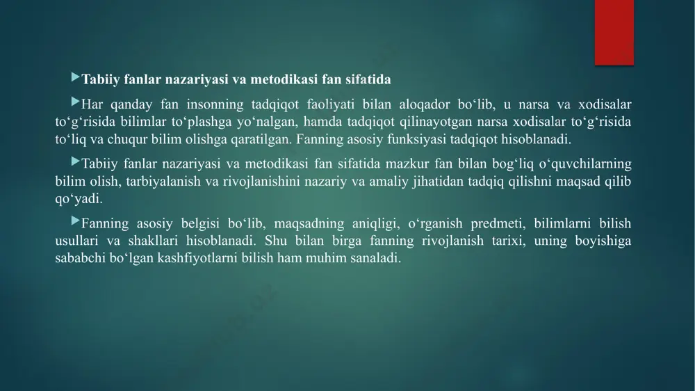 omonlarini e’tiborga olgan holda, o‘qitish usullarini, tashkiliy shakllarini ishlab chiqish; o‘qitish jarayonida qo‘llash uchun zarur jihozlarni aniqlash. biologiya xonasi tirik burchak, tajriba yer maydonini tashkil etish, tabiiy, tasviriy, dinamik, audio, video vositalarni belgilash. tabiat va inson salomatligi” mavzusini o’rganish bolalar 1-2 sinflarda egallagan sanitariya-gigiyena bilimlari va ko’nikmalari asosida quriladi. bolalarning xilma-xil hissiyot va qabul qilishlaridan to’laroq foydalanish uchun ko’rgazmali qurollarni namoyish qilish bilan birga ularni gigiyena qoidalarini amaliy jihatdan bajarishga o’rgatish zarur. gigiyena bilimlarining muvaffaqiyatli egallab olinishi o’qitishning barcha xilma-xil metodlari hamda uslublarini qo’llanish bilan ta‘minlanadi. shu maqsadda “odam organizmi va uning salomatligini muhofaza qilish” mavzusini o’rganishda o’z-o’zini kuzatishdan keng foydalaniladi, uning yordamida faqat organizmda borayotgan jarayonlarni aniqlabgina qolmasdan, balki o’zining salomatlik holatini belgilash ham mumkin. tabiiy fanlar nazariyasi va metodikasining obekti bo‘lib, mazkur o‘quv fani bilan aloqador bo‘lgan o‘quv tarbiyaviy jarayon hisoblanadi. tabiiy fanlar nazariyasi va metodikasining predmeti bo‘lib biologik bilimlarning maqsadi, mazmuni, o‘qitish usullari, shakllari, o‘quvchilarning tarbiyasi va …