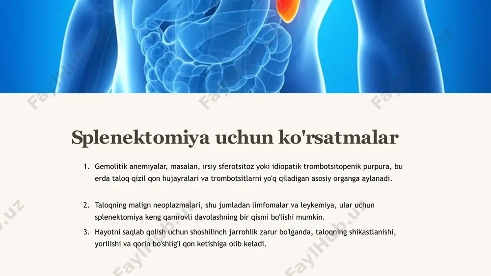 fluenzae infektsiyalari xavfi ortadi. qon tomir trombozi - chuqur tomir trombozi va/yoki o'pka emboliyasi rivojlanishi mumkin. postsplenektomiyadan keyingi giperviskozite sindromi qonning yopishqoqligi oshishi va qon tomir xavfi bilan xavfli holatdir. gipogammaglobulinemiya - immunoglobulinlar darajasining pasayishi, infektsiyalar ehtimolini oshiradi. 8 postsplenektomiya asoratlarining oldini olish 1 emlash pnevmokokk, meningokokk va haemophilus influenzae infektsiyalariga qarshi o'z vaqtida emlash 2 antibiotik profilaktikasi bakterial infektsiyalarning oldini olish uchun antibiotiklarning uzoq kursi 3 shifokorlar nazorati doimiy tekshiruvlar va sog'lig'ini nazorat qilish 4 o'z vaqtida davolash mumkin bo'lgan asoratlarni erta aniqlash va etarli darajada davolash splenektomiyadan keyin operatsiyadan keyingi asoratlar xavfini kamaytirish uchun bir qator profilaktika choralarini o'tkazish kerak. bu eng xavfli infektsiyalarga qarshi emlash, antibiotik profilaktikasini tayinlash, muntazam tibbiy nazorat va yuzaga kelishi mumkin bo'lgan asoratlarni o'z vaqtida tashxislash va davolashni o'z ichiga oladi. faqatgina bunday integratsiyalashgan yondashuv xavflarni minimallashtiradi va taloq olib tashlanganidan keyin bemorning xavfsizligini ta'minlaydi. 9 xulosa va tavsiyalar kompleks yondashuv splenektomiya bir …