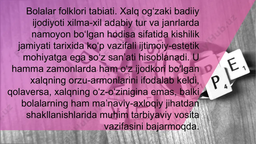 lab burdi? yig‘lama, oppoqqinam, boshimdagi qalpoqqinam! ho‘-ba, ho‘-ba, nega yig‘laysan? ho‘-ba, ho‘-ba, nega big‘laysan? ho‘-ba, ho‘-ba, big‘-big‘lama ho‘-ba, ho‘-ba, san yig‘lama. ho‘-ba, ho‘-ba .. jo..o..on, jo..o..on, sadqa senga shirin jo..o..on. qaytarmachoqlar. bolalar uchun, asosan, beshik davri tugagandan keyingi ma’naviy ehtiyoj taqozosiga ko‘ra yuzaga kelgan badihalar bo‘lib, she’riy namunasi ko‘pincha monolog, nasriy shakli dialog (savol-javob) negizida quriladi. “kun, san nimadan kuchlisan?” qaytarmachog‘i dialog negizida qurilgan. unda bolalarni qiziqtirgan “dunyoda kim kuchli?” savoliga javob narsa va hodisalar bahsi asosida voqeadan voqeaning o‘sib chiqishi shaklida bola qiziqishi va idrokiga mos holda bayon qilingan: masalan, “yumalandim yumoq topdim” satri bilan boshlanuvchi qaytarmachoqda lirik qahramon yumalab yumoq topadi (1), yumaloq ichidan taroq topadi (2), taroqni momoga beradi (3), momo unga churak (non) beradi (4), churakni cho‘ponga beradi (5), cho‘pon unga tayoq beradi (6), tayoqni daryoga tashlaydi (7), daryo unga ko‘pik beradi (8), ko‘pikni tutga surtadi (9), tut unga yaproq beradi (10), yaproqni molga beradi (11), …