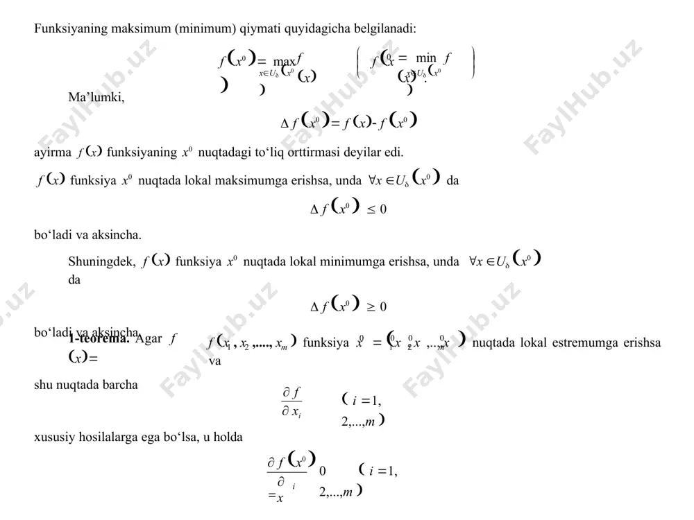 m x da f x , x ,...,x  x  tengsizlik bajariladi. jumladan 0 0 0 1 2 0 0 0 1 2 3 m m f x , x , x ,...,x   f x , x ,...,x  bo‘ladi. agar 0 0 0 1 1 2 3 m  x   f x , x , x ,...,x  1 0 0 1 1 deyilsa,  x x   , x    da 0 1 1  x    x  1 bo‘lib, bir o‘zgaruvchili  x  0 1 funksiya x nuqtada lokal minimumga erishadi. unda 25-ma’ruzada keltirilgan teoremaga ko‘ra ' 0  x  0, ya’ni 1 1  0  x  f x0  bo‘ladi. xuddi shunga o‘xshash 0,..., 2  0 m  x  f x0   x  f x0   …