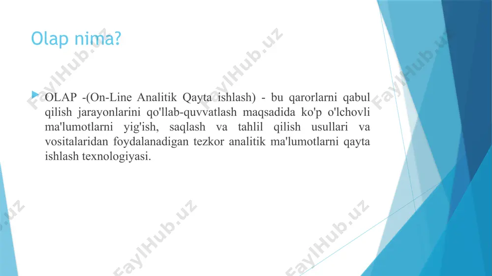 motlarning aniq to'plamlarini tahlil qilish mumkin. ko'p o'lchovlar bo'yicha bir vaqtning o'zida tahlil qilish ko'p o'zgaruvchan tahlil deb ta'riflanadi. двенадцать правил кодда 1. многомерность. 2. прозрачность. 3. доступность. 4. постоянная производительность при разработке отчетов. 5. клиент-серверная архитектура. 6. равноправие измерений. 7. динамическое управление разреженными матрицами. 8. поддержка многопользовательского режима. 9. неограниченные перекрестные операции. 10. интуитивная манипуляция данными. 11. гибкие возможности получения отчетов. 12. неограниченная размерность и число уровней агрегации. koddning o'n ikki qoidasi 1. ko'p o'lchovlilik. 2. shaffoflik. 3. mavjudligi. 4. hisobotlarni ishlab chiqishda doimiy mahsuldorlik. 5. mijoz-server arxitekturasi. 6. o'lchov tengligi. 7. kam matritsalarni dinamik boshqarish. 8. ko’p foydalanuvchi rejimini qo'llab-quvvatlash. 9. cheksiz operatsiyalar bilan ishlash 10. ma'lumotlarni intuitiv ravishda manipulyatsiya qilish. 11. hisobotlarni qabul qilishning oson variantlari. 12. birlashtirish darajalarining cheksiz o'lchovi va soni. 1. konseptual ko'p o'lchovli vakillik. tahlilchi foydalanuvchi korxona olamiga ko'p qirrali sifatida qaraydi. shunga ko'ra, olap modeli ko'p qirrali bo'lishi kerak. ko'p o'lchovli kontseptual …
