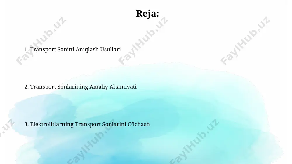 niqlashga imkon beradi, bu jarayonda elektrodlar orqali oʻtgan zaryad miqdori 100 kulon boʻlishi mumkin. amaliy qo'llanilishi batareyalar va yonilg'i elementlarining ishlash samaradorligini, ionlarning harakatlanish tezligini va elektrolitning 25-30°c haroratdagi o'tkazuvchanligini aniqlashda transport sonlari muhim ahamiyatga ega. transport sonlarini aniqlash elektroliz jarayonlarini samaradorligini baholashda, masalan, metallarni elektroliz yo'li bilan tozalashda (99,99% gacha) zarur bo'lgan energiya sarfini hisoblashda qo'llaniladi. transport soniga ta'sir etuvchi omillar tashish soniga ionlarning harakatchanligi (masalan, 10⁻⁸ m²/vs) va ularning konsentratsiyasi (mol/m³) katta ta'sir ko'rsatadi, yuqori harakatchanlik va konsentratsiya transport sonini oshiradi. erituvchining viskoziteti (pa·s) transport soniga teskari proportsional ta'sir qiladi; yuqori viskoziteli eritmalarda ionlarning harakatchanligi kamayib, transport soni pasayadi. tajriba natijalarini tahlil qilish olingan ma'lumotlarni statistik tahlil qilish, xatoliklarni hisobga olish va 95% ishonch oralig'ini aniqlash transport sonining aniqligini oshiradi. tajriba natijalarini grafik ko'rinishda ifodalash orqali, masalan, potensial farq (v) ga qarshi tok kuchini (ma) chizish orqali transport sonini aniq hisoblash mumkin. transport sonini aniqlash usullari hitoy usuli …