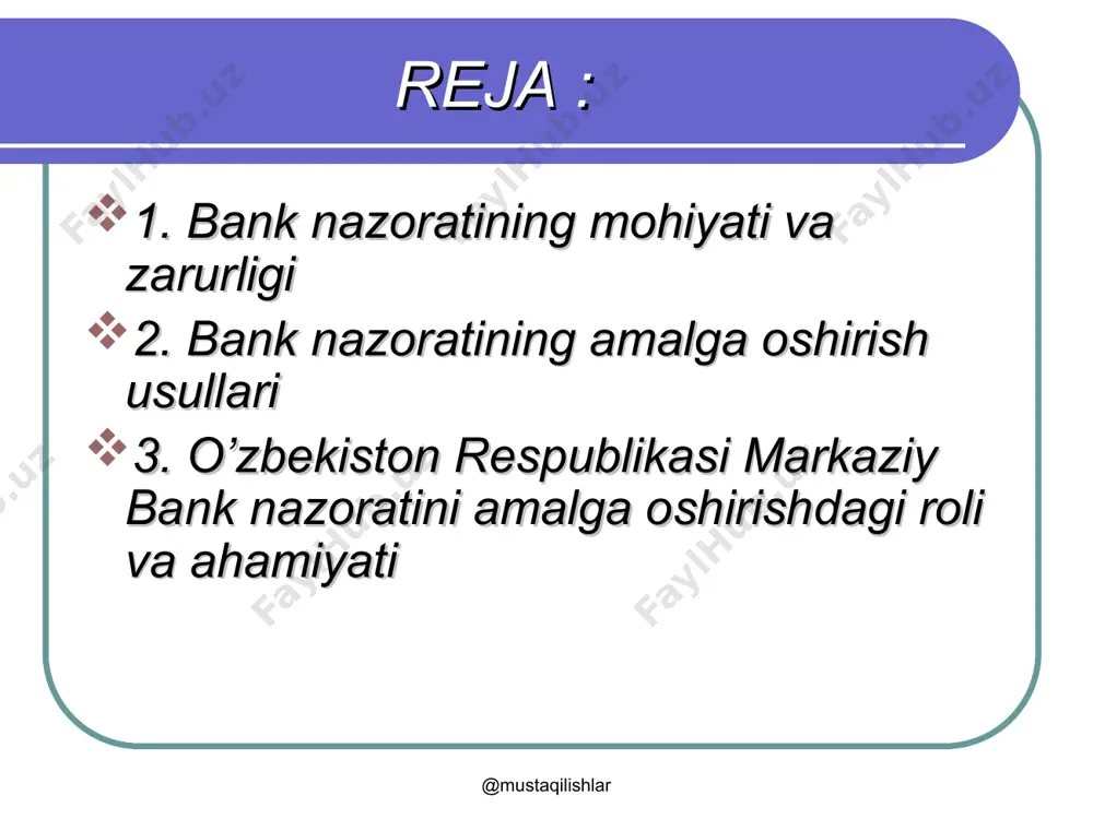 tijorat banklar faoliyatini masofadan turib nazorat qilish ; - banklarni joylarga chiqib inspeksiya qilish ; - masofadan turib va joylarda tekshirish usullaridan bir vaqtda foydalaniladi @mustaqilishlar @mustaqilishlar masofadan nazorat qilishda quyidagilar tekshiriladi - bank aktivlari va passivlari holatini, bank kapitali likvidliligi, foyda va zararlar hisoboti, bank tushumlari to’liq tahlil qilib chiqiladi; - tahlil jarayonida aniqlangan xato va kamchiliklar to’g’risida banklar faoliyatini tahlil qilish boshqarmasi xodimlari tomonidan rahbariyatga ma’lumotnoma jo’natiladi; - takrorlangan kamchiliklar yuzasidan bankka nisbatan jarima choralari ko’riladi @mustaqilishlar @mustaqilishlar masofaviy boshqaruv samaradorligi - tijorat banklarini faoliyatini doimiy o’rnatilgan monitoring asosida bank holati va likvidliligini nazorat qiladi; - qabul qilingan doimiy axborotlar evaziga bank holatini boshqa banklar bilan solishtiradi; - masifaviy tekshiruv kam mehnat talab qilishi bilan tezkor va ish ko’lami samaradorligini oshiradi; - joyga chqib tekshirish uchun aniq bir dasturiy amal vazifasini bajaradi ishni qaysi yo’nalishlardan boshlash kerakligi to’g’risida ko’rsatma beradi @mustaqilishlar @mustaqilishlar joylarga chiqib tekshirishning maqsadlari - masofadan …