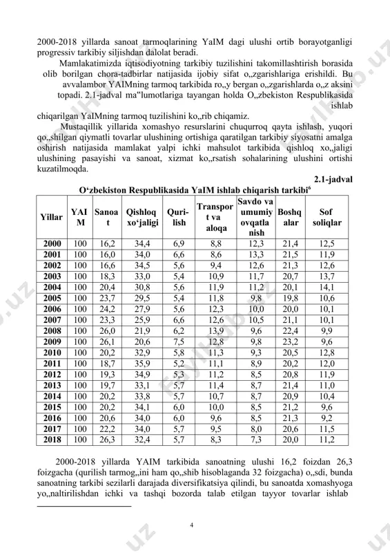 yakuniy tovarlar va xizmatlarni ishlab chiqarishning turli bosqichlarida qo„shilgan qiymatlar yig„indisi sifatida aniqlanadi. yaimni bu usulda aniqlash statistik jihatdan qulay bo„lishi bilan birga uni hisoblashning muhim shartiga amal qilish, ya‟ni bir qiymatni ikki bor hisobga olish, yoki oraliq mahsulot qiymatini yaimga kiritib yuborishning oldini oladi. ishlab chiqarish hajmini to„g„ri hisoblash uchun joriy yilda ishlab chiqarilgan tovar va ko„rsatilgan xizmatlar qiymati bir marta hisobga olinish kerak. ko„pgina mahsulotlar bozorga borguncha bir nechta ishlab chiqarish bosqichini o„taydi. shu sababli yaimda ayrim mahsulotlarni ikki va undan ko„p marta hisobga olmaslik uchun, faqat pirovard mahsulotning bozor qiymati hisobga olinadi, oraliq mahsulotlar esa hisobga olinmaydi. yakuniy tovarlar va xizmatlar deganda ularning ishlab chiqarish, yoki ichki ayirboshlash siklidan chiqqan, yakuniy iste‟mol, jamg„arish yoki eksport uchun foydalaniladigan qismi tushuniladi. yakuniy tovarlar va xizmatlarni ishlab chiqarishda sarflangan oraliq tovarlar va xizmatlar bahosi yaimga qo„shilmaydi. qo‘shilgan qiymat tovar va xizmatlarning sotish bahosi bilan ularni ishlab chiqarish uchun foydalanilgan xom …