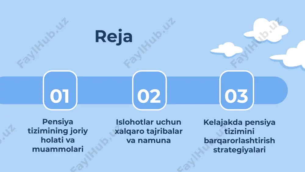 kni oshiradi. taklif qilingan yechimlar 1. moliyalashtirishni kengaytirish: davlat va xususiy sektor o'rtasida hamkorlikni kuchaytirish, pensiya fondlarini diversifikatsiya qilish va investitsiya imkoniyatlarini kengaytirish. 2. qamrovni kengaytirish: pensiya tizimiga kirmagan aholi qatlamlarini jalb qilish, ijtimoiy himoya dasturlarini takomillashtirish. 3. burokratik jarayonlarni soddalashtirish: hujjat topshirish jarayonlarini soddalashtirish va raqamli texnologiyalardan foydalanish orqali samaradorlikni oshirish. 4. demografik siyosatni qo'llab-quvvatlash: yosh avlodni qo'llab-quvvatlash va aholini ko'paytirish uchun strategiyalarni ishlab chiqish. moliya va resurslar pensiya tizimining moliyaviy manbalari bir necha asosiy komponentlardan iborat. ularga davlat byudjeti, ish beruvchilarning pensiya toʻlovlari, xususiy pensiya jamgʻarmalari va fuqarolarning shaxsiy tejashlari kiradi. har bir manbaning o'ziga xos roli bor: davlat byudjeti davlat pensiyalarini ta'minlaydi, ish beruvchilar esa o'z xodimlari uchun pensiya toʻlovlarini amalga oshiradi, xususiy jamgʻarmalar esa qo'shimcha moliyaviy yordam beradi. biroq, ushbu manbalarning barchasi resurs yetishmovchiligi va iqtisodiy sharoitlarning o'zgarishi kabi muammolar bilan yuzlashmoqda. resurslar yetishmovchiligi muammolari pensiya tizimida resurslar yetishmovchiligi muammolari jiddiy ahamiyatga ega. birinchi navbatda, davlat …
