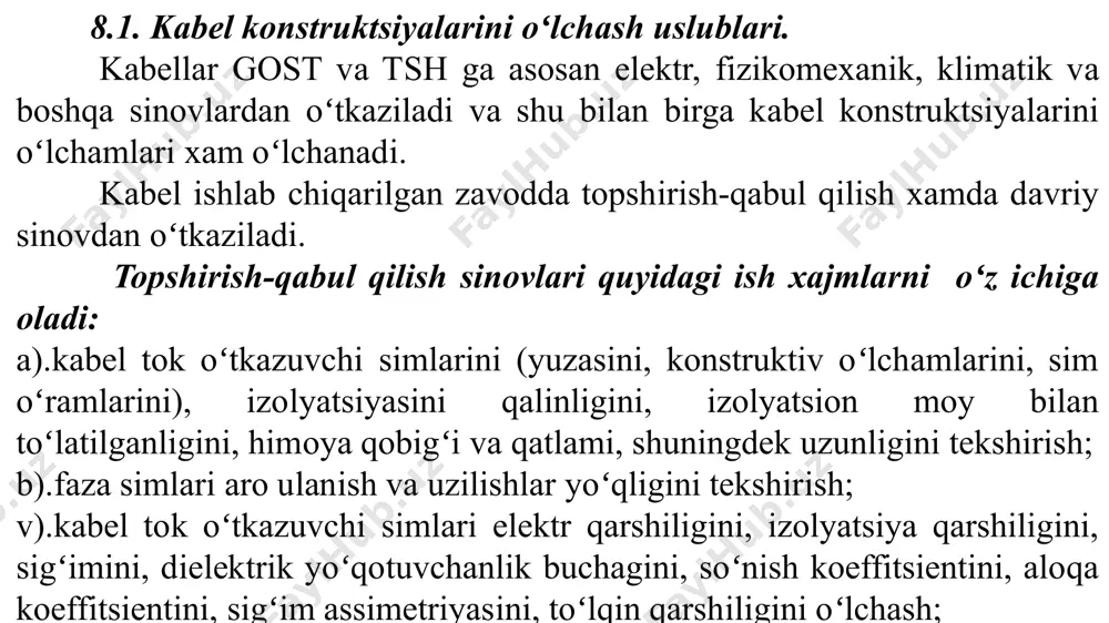 xanik omillarga chidamliligi. 8.2. geometrik oʻlchovlarni aniqlash. xar xil materiallarni, shu jumladan izolyatsion materiallarni xam mexanik tavsiflarini oʻlchash katta amaliy ahamiyatga ega. turli xil mashina, apparatlar va izolyatsion materiallardan tayyorlangan boshqa qurilmalarni detallarini ekspuatattsiya qilishda ular juda koʻp mexanik yuklamalarga uchraydi. mexanik yuklamalar ta’siriga qarab materiallar uchta asosiy guruxga boʻlinadi:elastik, plastik va moʻrt. elastik materiallarda mexanik yuklam namuna ishdan chiqishidan oldin olinganda namuna tiklanishga, boshlangʻich oʻlchamlariga va xolatiga qaytarishga intiladi, misol uchun kauchuk namunasi . plastik materiallar mexanik yuklamadan soʻng nisbatan katta deformatsiyaga uchrasada yuklama olingandan soʻng namuna oʻlchamlari va formasini saqlanib qoladi, mislo uchun vosk. moʻrt materiallar yetarli mexanik yuklamadan soʻng deformatsiyaga uchramasdan ishdan chiqadi yoki sinadi, misol uchun shisha, keramik materiallar. yuqorida keltirilgan materiallarni boʻlinishi qatiy emas, ma’lum darajada shartlidir, koʻp materiallar uchala guruxga xam toʻgʻri kelmaydi. materiallarni mexanik xossalari ularga ta’sir etayotgan temperaturaga bogʻliq. oʻta past temperaturada barcha materiallar moʻrt boʻlib qoladi. havoni suyulish temperaturasida kauchuk moʻrt …