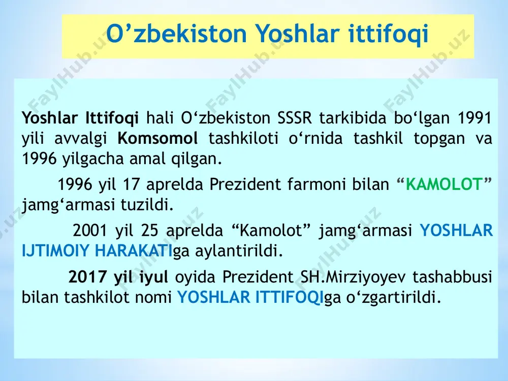 изими йўлга қўйилади. 2021 йилда 6 ёшли болаларнинг 82 фоизи (560 минг нафар) мактабга бепул тайёрловга жалб этилади. юнеско ва жаҳон банки билан ҳамкорликда узоқ қишлоқларда мактабгача таълимни уйда бериш модели йўлга қўйилади. ҳар ким билим олиш ҳуқуқига эга. бепул умумий таълим олиш давлат томонидан кафолатланади. мактаб ишлари давлат назоратидадир. ўзбекистон республикаси конституциясининг 41-моддаси. бугунги кунда мамлакатимизда 10300 та умумтаълим мактаби фаолият юритмоқда. уларнинг аксарияти қишлоқларда жойлашган. ушбу мақсадлар учун 1,4 триллион сўм сарфланди. кейинги йилларда мамлакатимизда 9763 та умумтаълим мактаби, 300 дан зиёд мусиқа ва санъат мактаби янгидан қурилди ва тубдан таъмирланди. umumiy o’rta (xalq) ta’limi 2017 yil 14 sentabr – mirzo ulug’bek nomidagi ixtisoslashtirilgan davlat umumta’lim maktab-internati va “astronavtika va aeronavtika” bog’i (pq-3275) va muhammad al-xorazmiy nomidagi axborot-kommunikatsiya texnologiyalari yo’nalishiga oid fanlarni chuqurlashtirib o’rgatishga ixtisoslashtirilgan maktablar (pq-3274) tashkil etildi. 2018 yil 25 yanvar - “umumiy o’rta, o’rta maxsus va kasb-hunar ta’limi tizimini tubdan takomillashtirish chora-tadbirlari” to’g’risida prezident farmoni …