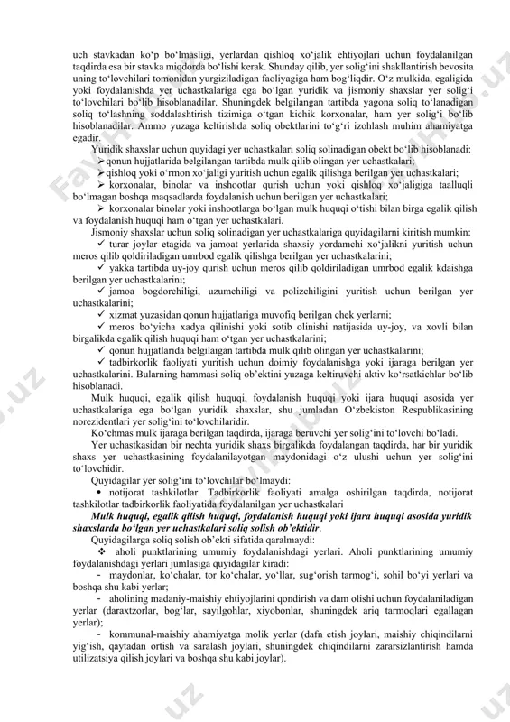 lariga nisbatan undirish, yerga nisbatan amal qiluvchi soliqlarni hisoblashda va byudjetga undirishda xaddan tashqari imtiyozlarning joriy etilishi va xokazolar shular jumlasidandir). bu borada shuni ham ta’kidlash joizki, yerga nisbatan sayoz soliq munosabatlarini 1998 yilga qadar amal qilishi yer maydonlaridan foydalanishda uning sifat darajasiga salbiy ta’sir etdi. oxir-oqibat yer maydonlaridan uzoq muddatlarda foydalanib kelinganligi, uning egalariga ko‘zda tutilgan natijalarni qo‘lga kiritilishiga imkon beradi. tuproqda yerroziya sodir bulishi yoki yerning turlanishi bir vaqtning o‘zida katta-katta moliyaviy resurslarni jalb etilishini talab etdi. bunday sharoitlarda yerga nisbatan oqilona soliq tizimini joriy etish muhim holga aylanib qoldi. tuproq yerroziyasini bartaraf etish, yer unumdorligini oshirish uchun ma’lum moliyaviy mablag‘lar talab qilindi. qaysiki, ular yerning meliorativ holatini aniqlashda, sug‘orish inshootlarini qurishda, zovurlarni o‘tkazishda va ta’mirlashda ishlatilishini taqozo etadi. yangi xo‘jaliklarning tashkil qilinishi qurilish ishlarining kengayishi yer zahiralarining kamayishiga ham olib keldi. sug‘oriladigan yer maydonlari ham yildan-yilga qisqartirib boriladi. tabiiyki, bunday yuzaga kelgan sharoitda yer maydonlaridan ijara shartlari …