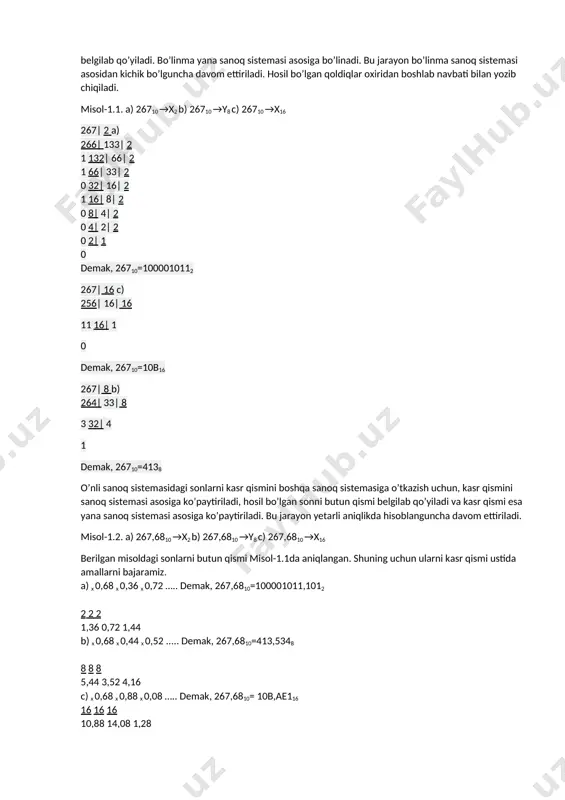 iq bo’ladi. quyidagi jadvalda pozitsion sanoq sistemaga misollar keltirilgan( 1-rasm): asosi sanoq sistemasi foydalaniladigan belgilar 2 ikkili 0,1 3 uchli 0,1.2 4 to’rtli 0,1,2,3 5 beshli 0,1,2,3,4 8 sakkizli 0,1,2,3,4,5,6,7 10 o’nli 0,1,2,3,4,5,6,7,8,9 12 o’n ikkili 0,1,2,3,4,5,б,7,8,9,а,в 16 o’n oltili 0,1,2,3,4,5,6,7,8,9,a,b,c,d,e,f 1-rasm sonning pozitsion sanoq sistemasida tasvirlash uchun ishlatiladigan turli raqamlar miqdori (n) sanoq sistemasini asosi deyiladi. raqamlar qiymati 0 dan n-1 gacha oraliqda yotadi. umumiy holda ixtiyoriy sonni n asosli sanoq sistemasida yozish quyidagi yig’indi ko’rinishiga еga: anan-1an-2 … a1a0,a-1a-2 = аnвn + an-1bn-1 + ... + a1b1 + а0в0 + a-1b-1 + а-2в-2 + ... (1) bu erda, pastki indekslar raqamning sondagi joylashgan joyini (razryadini) aniqlaydi: b — sanoq sistemasi asosi; n — raqamlarni pozitsiyasi(o’rni); an , an-1, an-2 … a1, a0, a-1, a-2 — berilgan sonni raqamlari; indekslarning musbat qiymatlari — sonning butun qismi uchun; manfiy qiymatlar — kasr qism uchun; misol: 23,4310=2*101+3*100+4*10-1+3*10-2 nopozitsion sanoq sistemasida raqamlar …