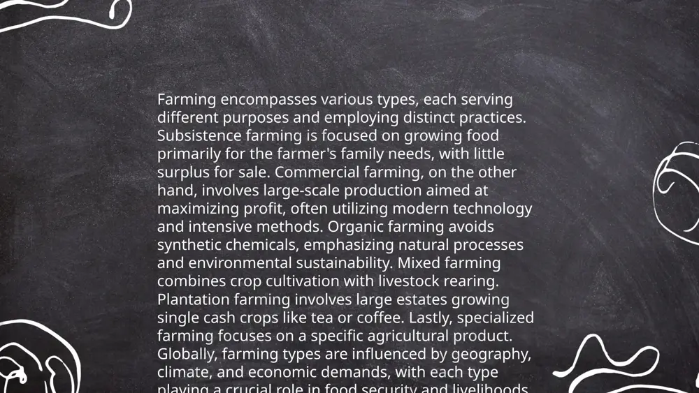 of the world's total agricultural land. 3. **certification and standards**: organic farming requires adherence to specific standards set by bodies such as the usda in the united states and the eu in europe. in 2019, over 2.7 million organic producers were certified globally. 4. **yield and productivity**: organic farming yields, on average, are about 80% of conventional farming yields. however, it can be more efficient in water use and is better for soil health and biodiversity. 5. **environmental impact**: organic farms can reduce energy use by 20% compared to conventional farms. they contribute to higher biodiversity levels, supporting 30% more plant, bird, and animal species. ... t.me/slaydai_bot irrigation techniques are crucial for efficient water use in agriculture. surface irrigation involves flooding fields, suitable for rice cultivation, yet only 40-50% efficient. drip irrigation, with 90-95% efficiency, delivers water directly to plant roots, minimizing evaporation and runoff, ideal for arid regions. sprinkler …