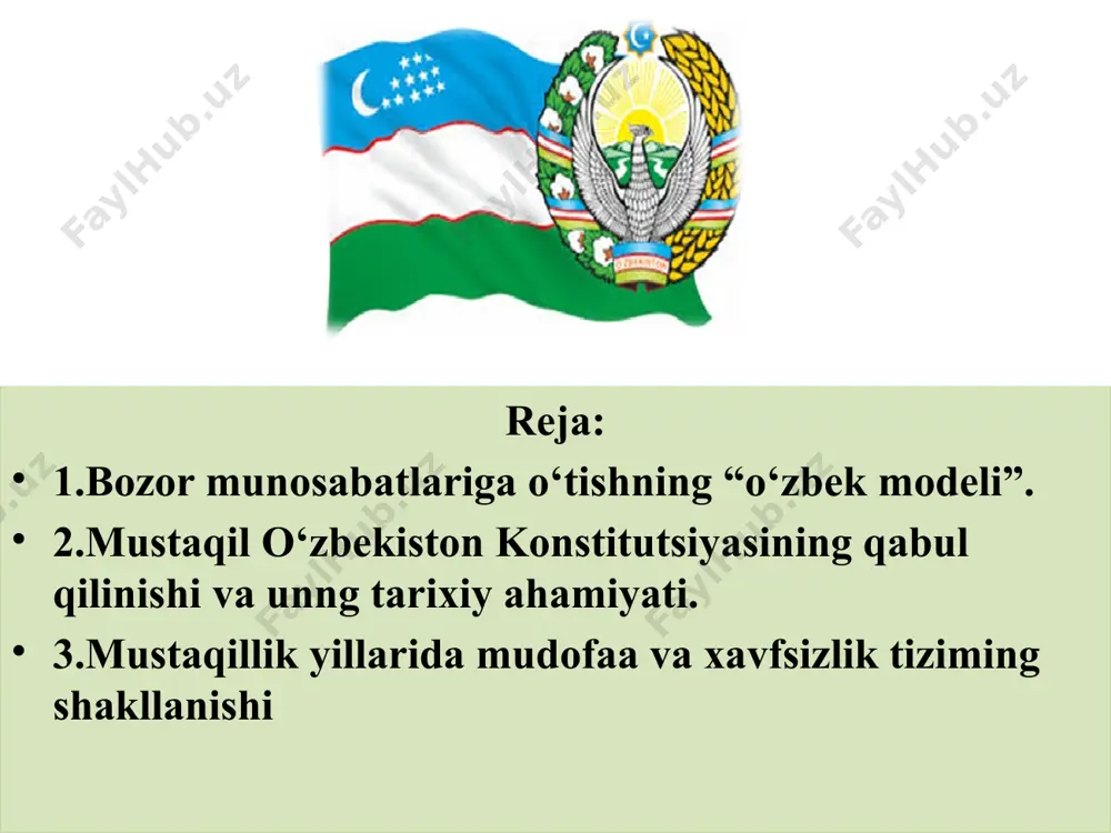 respublikasining konstitusiyasi mustaqil o‘zbekiston konstitutsiyasining qabul qilinishi va uning tarixiy ahamiyati o‘zbekiston respublikasi mustaqilligi e’lon qilingunga qadar mamlakatimizda uchta konstitutsiya qabul qilingan edi birinchi konstitutsiya 1927 yil 31 mart ikkinchi konstitutsiya 1937 yil14 fevral uchinchi konstitutsiya 1978 yil 26 aprel jamiyatning bozor munosabatlari tomon tutgan yo‘li, yangi taraqqiyotdagi umumiy qonuniyatlar va yo‘nalishlarga muvofiq ravishda o‘zbekistonning jahon hamjamiyatiga kirib borishi; o‘zbekistonning davlat mustaqilligi e’lon qilinishi. o‘zbekiston respublikasi konstitutsiyasining yaratilish zarurati mustaqil davlat konstitutsiyasi dunyoga kelishiga asosan ikkita omil sabab bo‘ldi: o‘zbekiston respublikasi konstitutsiyasi muqaddima, 6 ta bo‘lim, 26 ta bob, 128 moddalarni o‘z ichiga oladi. muqaddima asosiy prinsiplar ma’muriy-hududiy va davlat tuzilishi konstitutsiyaga o‘zgartirish kiritish tartibi inson va fuqarolarning asosiy huquqlari, erkinliklari va burchlari jamiyat va shaxs davlat hokimiyatining tashkil etilishi mustaqillik yillarida mudofaa va xavfsizlik tizimining shakllanishi 5 1 2 3 4 mustaqillik yillarida huquqni muhofaza qilish organlari va milliy xavfsizlik tizimi ham yangi asosda yaratildi, mamlakatning chegaralari va suverenitetini …
