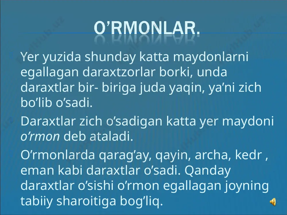 k daraxt – “pakana qayin” hisoblanib, bo’yi 1m .ni tashkil qiladi. eng “semiz” daraxt - “baobab” bo’lib, tanasining aylanasi 30 m. dan oshadi. dunyodagi eng baland daraxt - “evkolipt” bo’lib, uning bo’yi 150 m. dan oshadi. afrikada o’sadigan baobab daraxti 4000- 5000 yil yashaydi. eng, eng, eng! *
