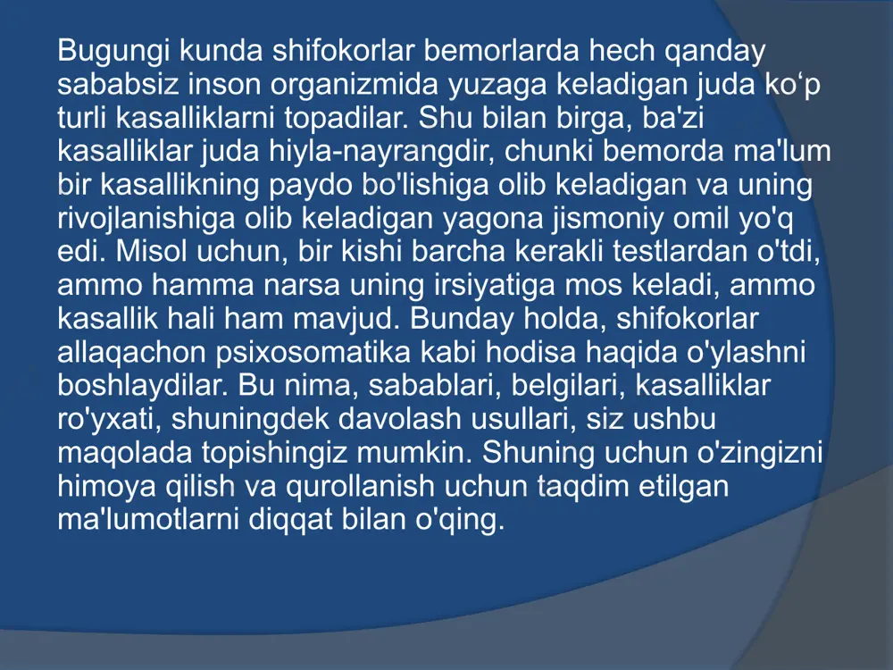 va his-tuyg'ularini yordami bilan ifoda eta olmaslikdir. so'zlar, o'z manfaatlarini himoya qilish qo'rquvining mavjudligi, g'azab, tajovuz va boshqa salbiy his-tuyg'ularni tan olmaslik. 9 psixosomatik ko'rinishlar surunkali hissiy haddan tashqari zo'riqish yoki stress ta'sirida yuzaga keladi. shifokorlarning fikriga ko'ra, bunday sharoitlarga eng ko'p moyil bo'lgan yirik shaharlarning aholisi. biroq, mehnatga layoqatli yoshdagi har bir insonning hayoti stressli vaziyatlar bilan tez-tez to'qnashuvlar bilan chambarchas bog'liq. mehnat jamoasidagi keskinlik, qo'rquvxo'jayin, oiladagi doimiy janjallar, qo'shnilar bilan do'stona munosabatlar va boshqa ko'plab omillar stressning sabablariga aylanadi. shuningdek, tirbandliklar, biznes intervyusiga shoshilish, doimiy vaqt etishmasligi, shuningdek, ma'lumotlarning haddan tashqari yuklanishi kiradi. ammo agar odam uyqusizlikdan azob chekayotgan bo'lsa, unda uning ahvoli tobora yomonlashadi. bugungi dunyoda o'zingizni stress omillaridan butunlay himoya qilib yashash juda qiyin. biroq shuni yodda tutish kerakki, stressning o'zida hech qanday yomon narsa yo'q, chunki bu tananing himoya reaktsiyasi. ammo, agar odam bunday holatni tez-tez boshdan kechirsa, uning tanasining kuchlari shunchaki tugaydi. louise hay …