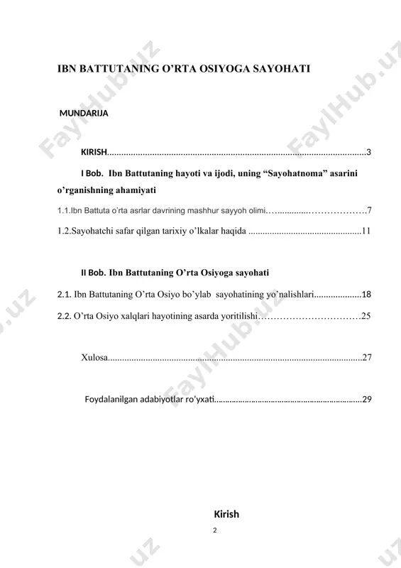 htirom bilan tilga olinadi... o`rta asrlardagi oltin o`rda va o`rta osiyo haqidagi biror-bir ilmiy ishni ibn battutaga murojaat qilmasdan bajarishning iloji yo`q...»[footnoteref:2]. [2: ibn battuta. sayohatnoma: mas’ul muharrir va muqaddima muallifi n. ibrohimov. t.:“sharq”, 3-bet.] yurtimiz mustaqillikka erishgach tarixchilar oldida katta vazifa ya’ni, vatan tarixini iloji boricha aniq va haqqoniy qilib xalqga yetkazib berish qo’yildi. undan oldingi vaqtlarda vatan tarixini o’rganilishiga chuqur e’tibor berilmagan. tarixni yozishni eng ishonchli va samarali yo’li o’sha davrda yozilgan sof manbalarga tayanib yozishlikdir. ayni shu jihatlaridan olib qaraydigan bo’lsak, “sayohatnoma” asari o’rta asrlarda muallif tomonida hech qanday to’qimalar, ortiqcha mubolag’alarsiz va biror bir g’oya ostida turmagan holda, shunchaki, sayohatchini o’zi dunyodagi xalqlar hoyotida, o’lkalarda ko’rgan, qatnashgan va eshitgan voqea-hodisa, jarayon va jonli hayot asosida yozilgan noyob asarlardandir. bu asarni o’rganish, tarix nuqtayi nazaridan tashqarida olib qaraganda ham ahamiyatli va dolzarbdir. bu kitob tarjimasini hech qanday ilm shug’ullanmaydigan kitobxonning o’zi o’qib chiqishi orqali o’sha davrdagi dunyo …