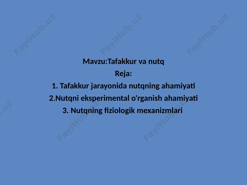 g’ulot, daftar, yomg’ir va boshqalar). tilning asosiy funksiyalari quyidagilardan iborat: a) til yashashning vositasi, ijtimoiy tajribani avloddan avlodga uzatish, berish va o’zlashtirish quroli tarzida vujudga keladi (avlodlar, ota-onalar, o’qituvchilar va murabbiylar); b) til vosita yoki kommunikatsiya usuli, hatto odamlarning xatti-harakatlarini boshqaruvchi qurol sifatida namoyon bo’ladi (masalan: “leksiya bo’lmaydi”, “bugun bayram” – ta’sir qilishdan, ta’sir o’tkazishdan iboratdir); v) tilning muhim funksiyalaridan yana biri – intellektual faoliyatning quroli sifatida xizmat qilishdir (muammoli vaziyat mohiyatini tushunish, yechishni rejalashtirish, ijro etish, maqsad bilan solishtirish). nutq faoliyati odam tomonidan ijtimoiy-tarixiy tajribani o’zlashtirish, avlodlarga uzatish yoki kommunikatsiya o’rnatish, o’z shaxsiy harakatlarini rejalashtirish va amalga oshirish maqsadida tildan foydalanish jarayonidir. nutq axborot, xabar, ma’lumot va yangi bilim berish, aqliy topshiriqlarni yechishdan iborat faoliatdir. agarda til aloqa vositasi(quroli) bo’lsa, nutq esa aynan o’sha jarayonining o’zidir. nutqni idrok qilish oddiy reflektor faoliyatining qonunlari asosida sodir bo’lishi mumkin. chunki uni yuzaga keltiruvchi stimullar birinchi signallar tipidagi qo’zg’atuvchilardan iboratdir (masalan: “marsh”, …
